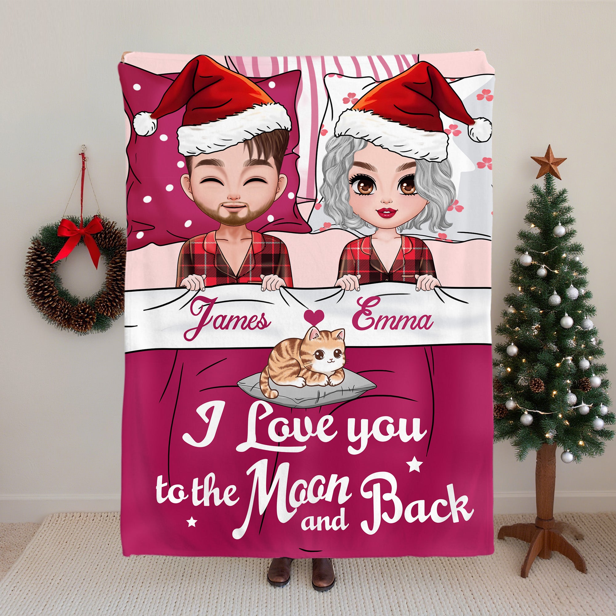 Gorro de Navidad personalizado de dibujos animados Mujer Hombre Gato Manta suave con nombre y texto Decoración del hogar Regalo de Navidad para parejas