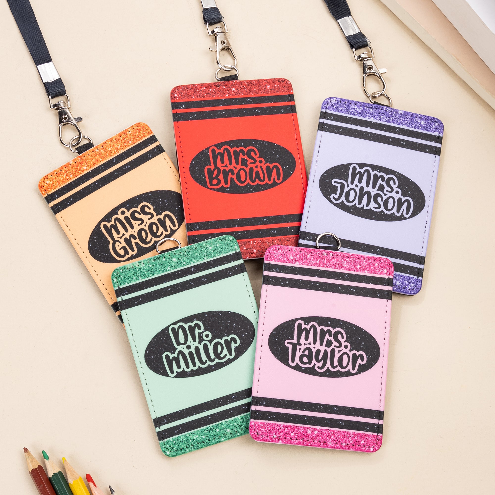 Tarjetero personalizado con diseño de lápices de colores multicolor y texto Regalo de agradecimiento para profesores en el Día de la Vuelta al Cole
