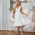 Bridal Wedding Dress White Sleeveless Short V-Neck A-line Stretch Satin