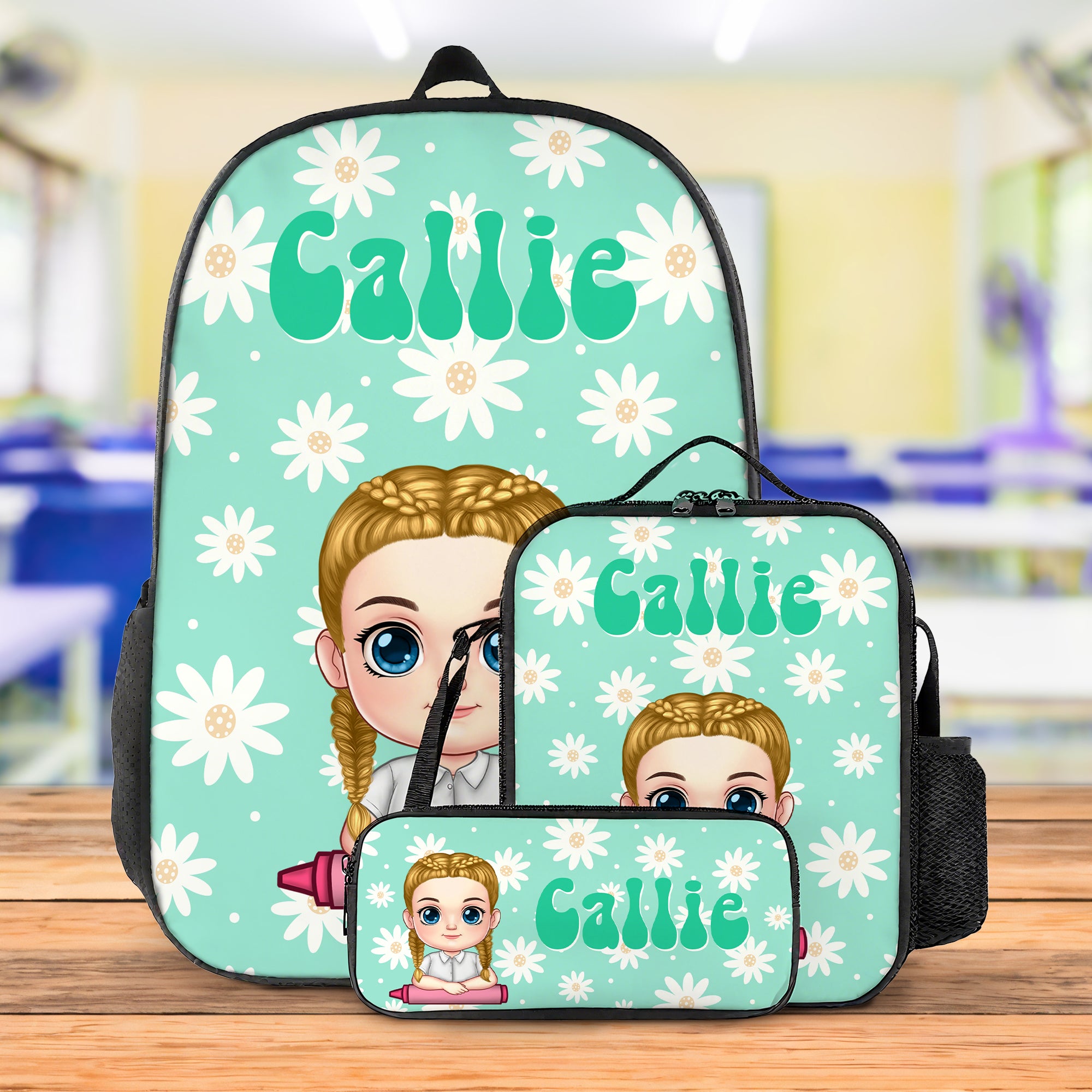 Personalizado Multicolor Daisy Cartoon Character Mochila Lunch Bag Pencil Case Set with Name Back to School Cumpleaños Regalo para Niños Niñas