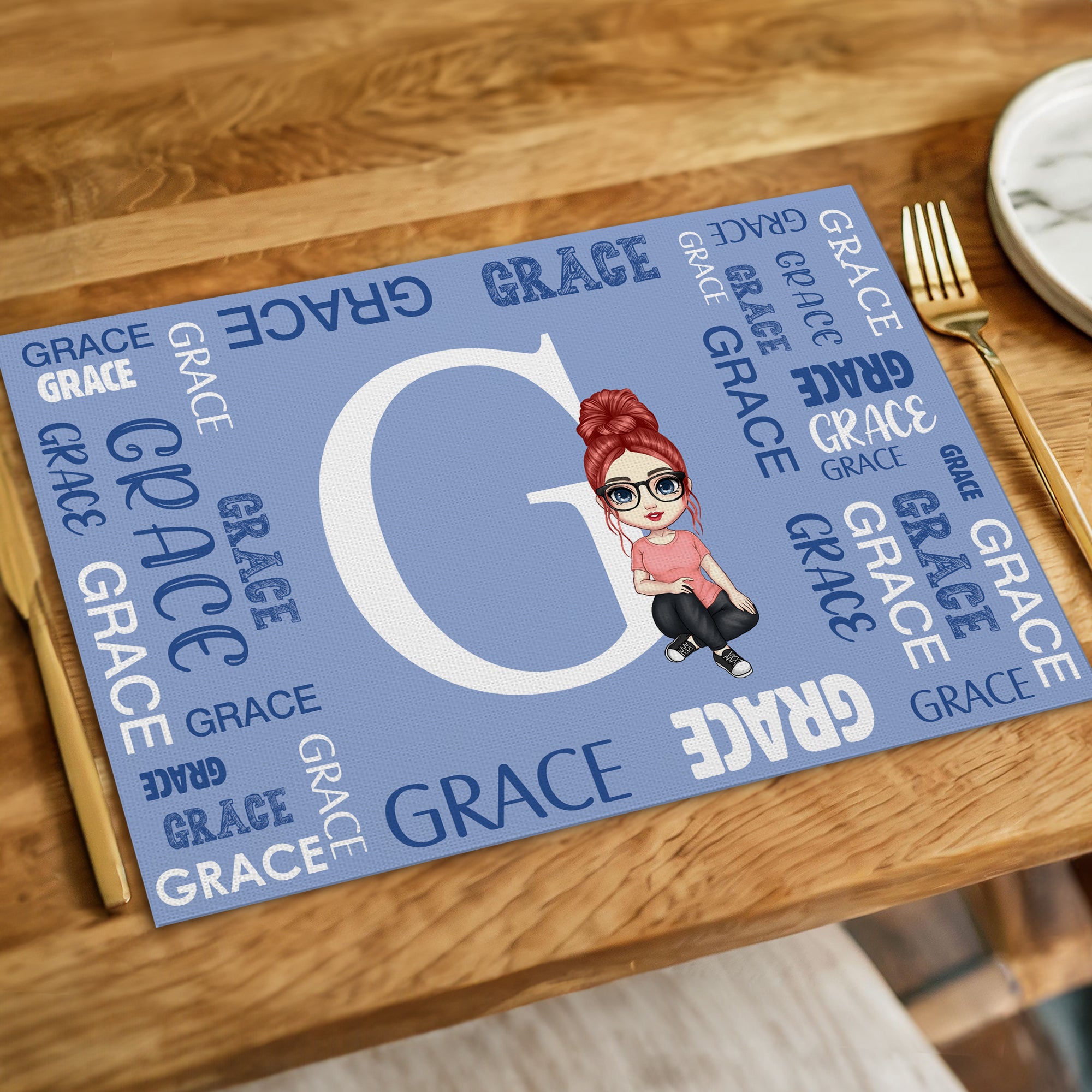 Nube de palabras personalizada Personaje de dibujos animados Mantel rectangular con nombre e inicial Cocina Comedor Decoración Uso diario Cumpleaños Regalo para niños Familia