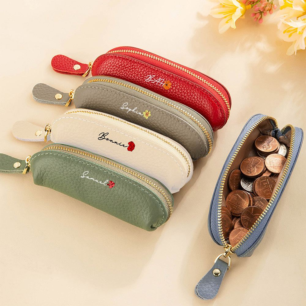 Personalizado Nacimiento Flor Multicolor Mini PU Cuero Monedero Bolsa de Maquillaje con Nombre Viaje Esencial Cumpleaños Aniversario Regalo para Mujeres
