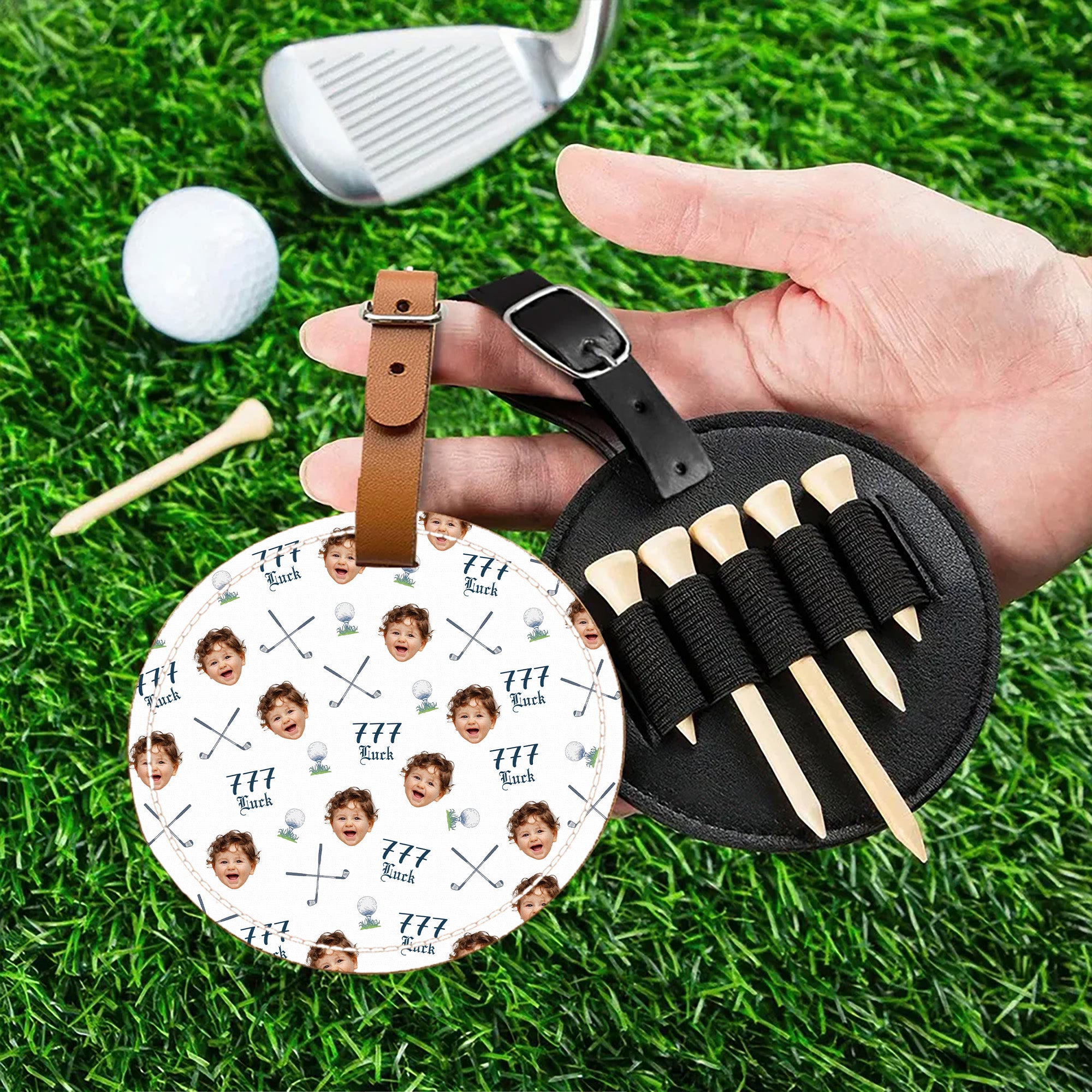 Personalizada Golf Club Face Photo PU Cuero Golf Tee Bolsa de Almacenamiento Etiqueta con Número de la Suerte Accesorios Deportivos Regalo de Cumpleaños para Jugadores de Golf