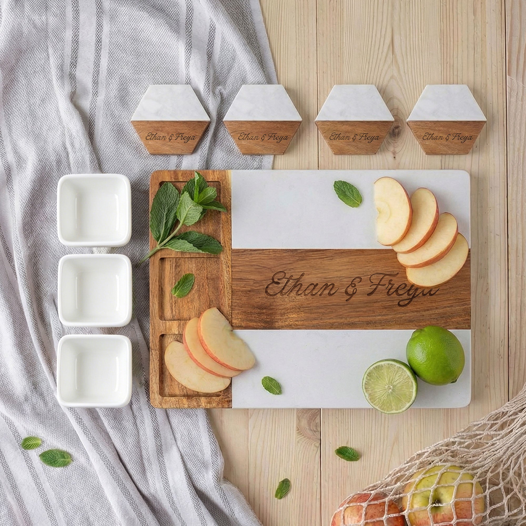 Personalizado grabado Nombre Mármol 11 Pcs Tabla de Cortar Posavasos Set con Tazón de Cerámica Cumpleaños Aniversario Regalo para la Familia Amigo
