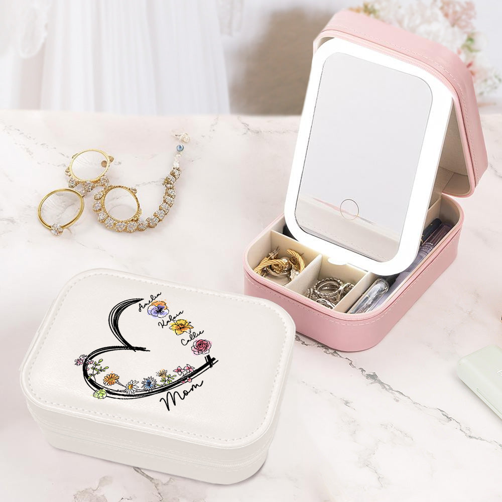 Personalizado Corazón Acuarela Flor de Nacimiento Joyero de viaje de cuero con LED ajustable Espejo de maquillaje Cumpleaños Día de la Madre Regalo de boda para las mujeres