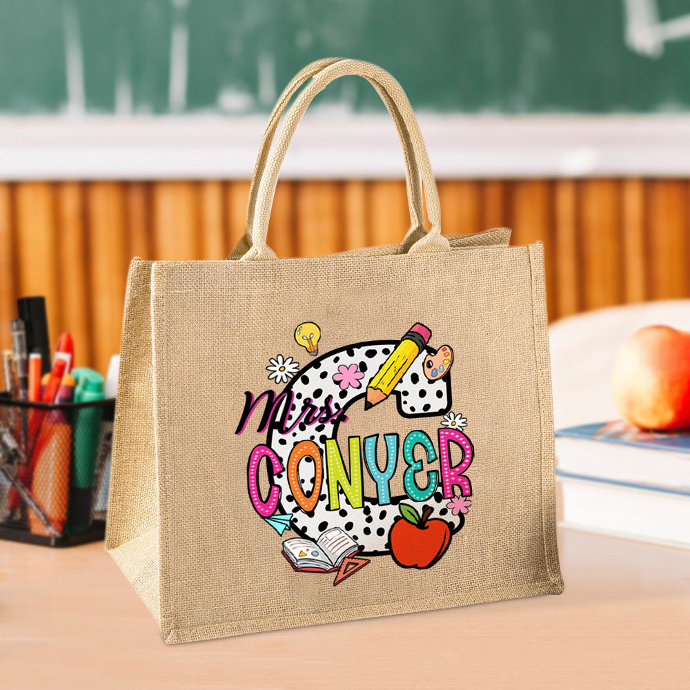 Lápiz personalizado Manzana manchada Inicial Bolsa de yute grande con nombre Día del Maestro Agradecimiento Cumpleaños regalo para el profesor