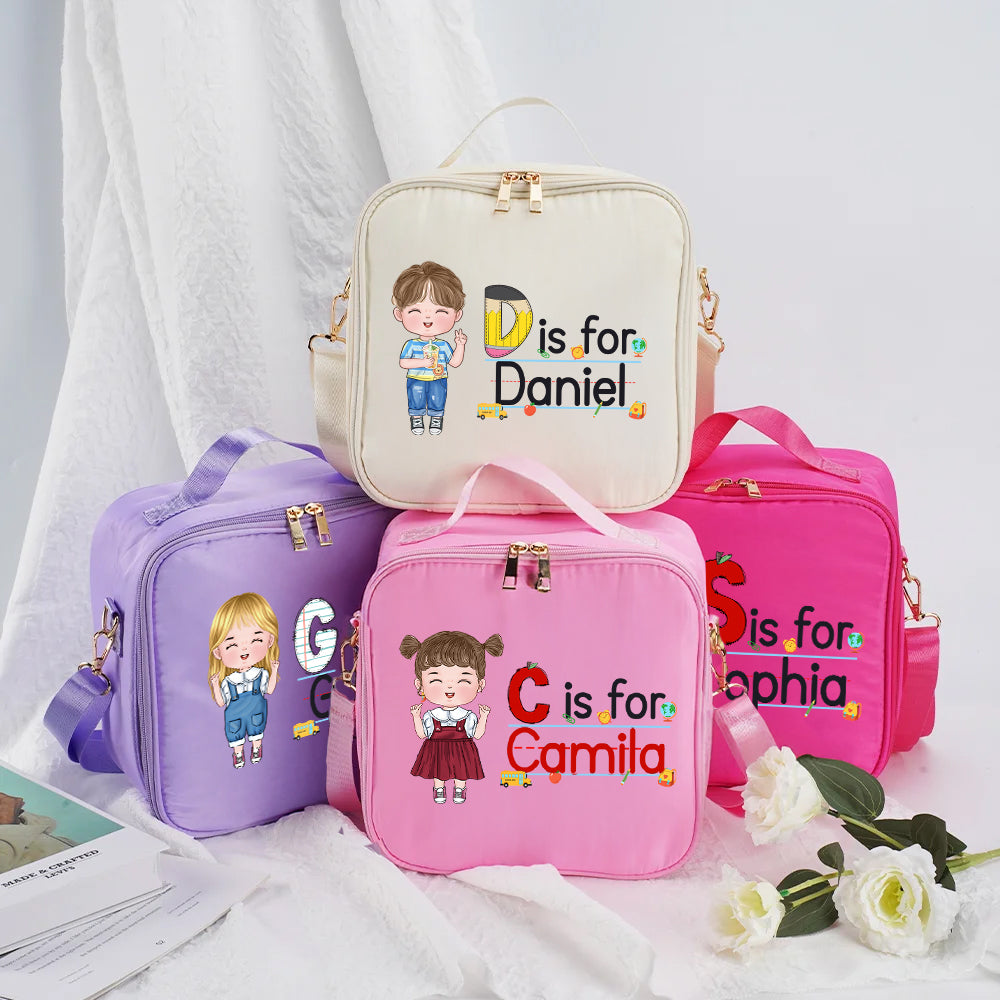 Bolsa isotérmica personalizada con el nombre y la letra de un simpático personaje de dibujos animados Regalo de cumpleaños de vuelta al cole para niños