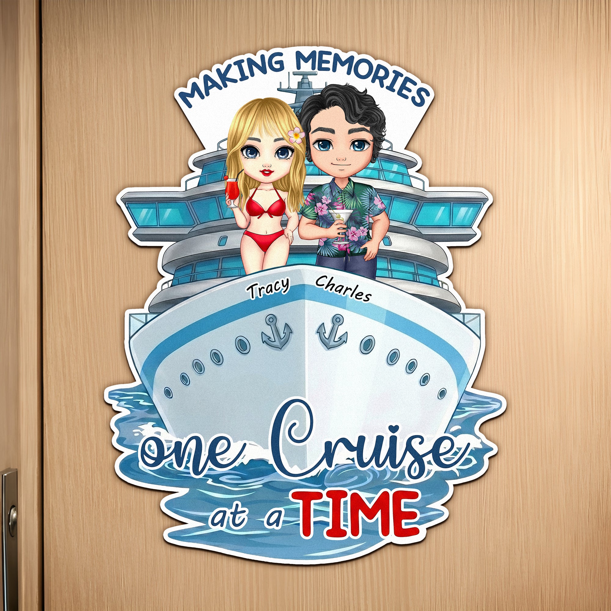 Imán de nevera personalizado con el nombre de una pareja de personajes de dibujos animados de un crucero Decoración para el hogar Cumpleaños Verano Viaje Regalo para pareja