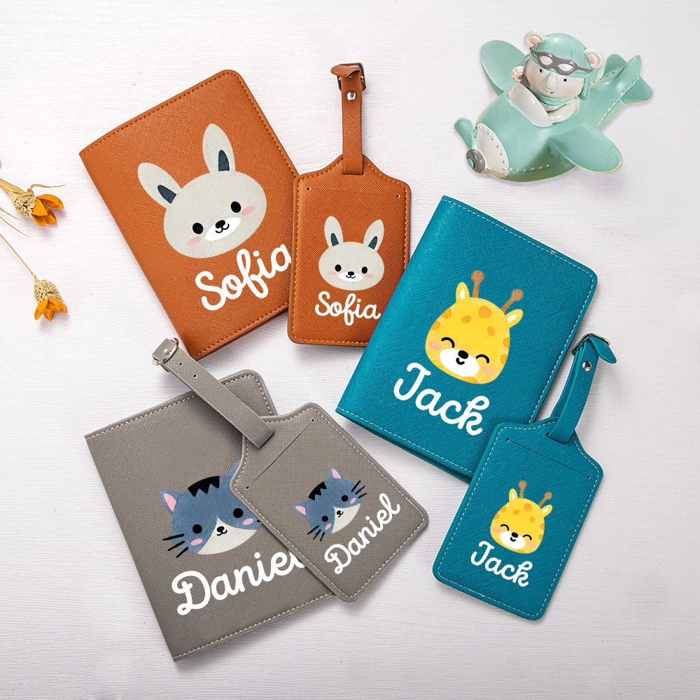 Personalizado de dibujos animados de animales multicolor de cuero de la PU Pasaporte titular de la etiqueta de equipaje con el nombre de viaje accesorio de regalo de cumpleaños para el niño