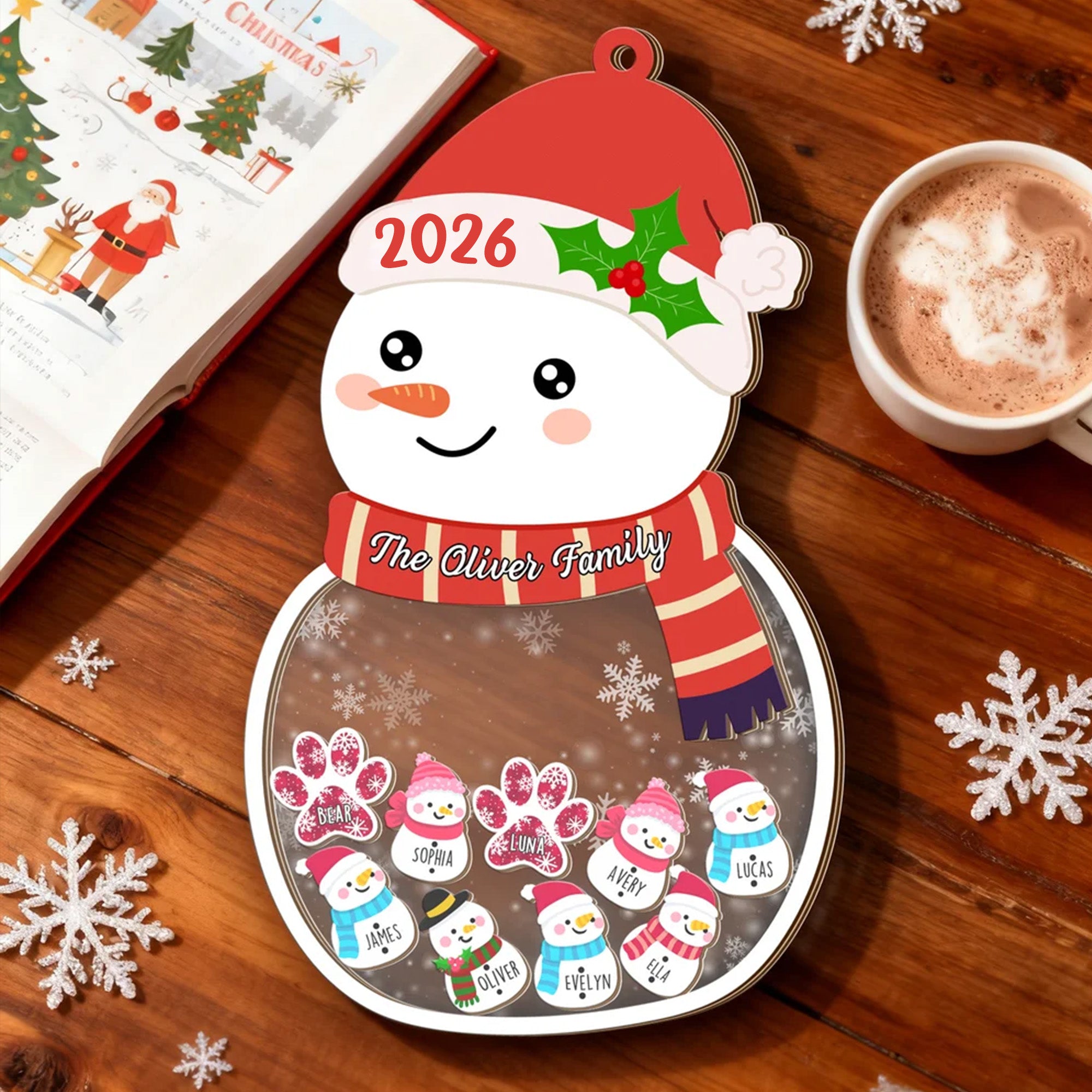 Personalizado lindo muñeco de nieve perro diseño de la pata de madera Shaker ornamento con 1-13 nombres y el año de texto Inicio Árbol de Navidad Decoración Regalo para la familia amigos
