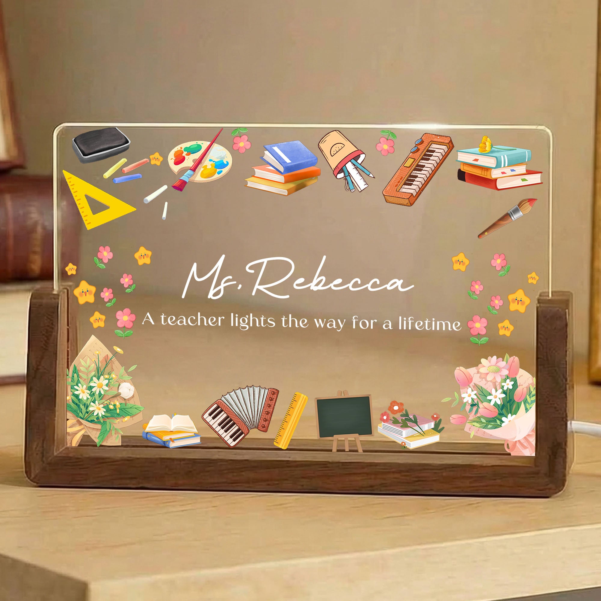 Pizarra personalizada Elementos didácticos Luz nocturna LED con título Apellido y base de madera Regalo de agradecimiento para profesor en el Día del Maestro