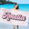 Toalla de playa personalizada de rayas retro de secado rápido y gran tamaño con nombre Esencial de viaje Fiesta en la playa Regalo de cumpleaños para amigos Familia