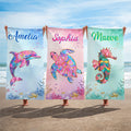 Toalla de playa personalizada de acuarela con animales del océano de gran tamaño y secado rápido con nombre Accesorio de vacaciones de verano Regalo de cumpleaños para amigos de la familia