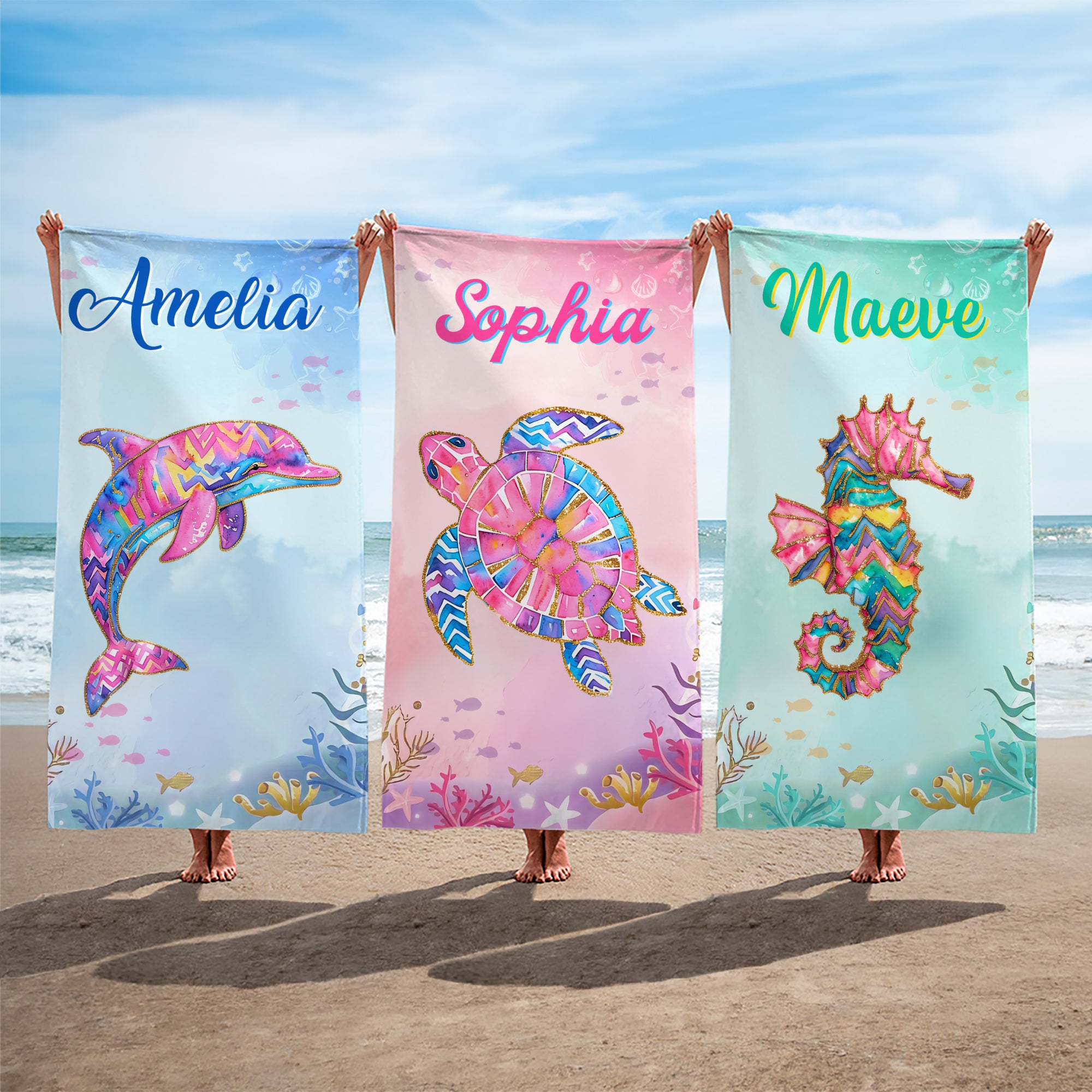 Toalla de playa personalizada de acuarela con animales del océano de gran tamaño y secado rápido con nombre Accesorio de vacaciones de verano Regalo de cumpleaños para amigos de la familia