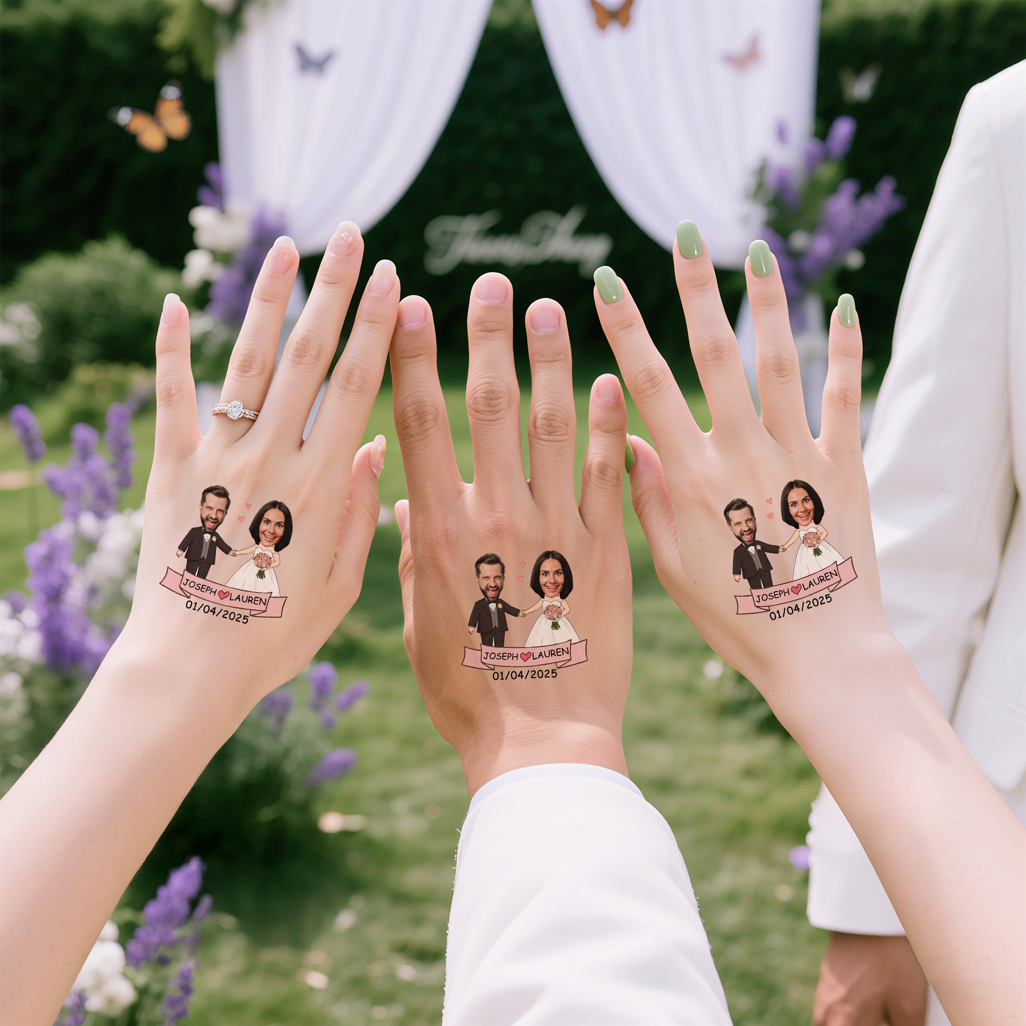 Personalizado Funny Cartoon Face Photo Waterproof Temporary Tattoo Stickers with Name and Date Set of 12 Wedding Party Favors Gift for Newlyweds Couple