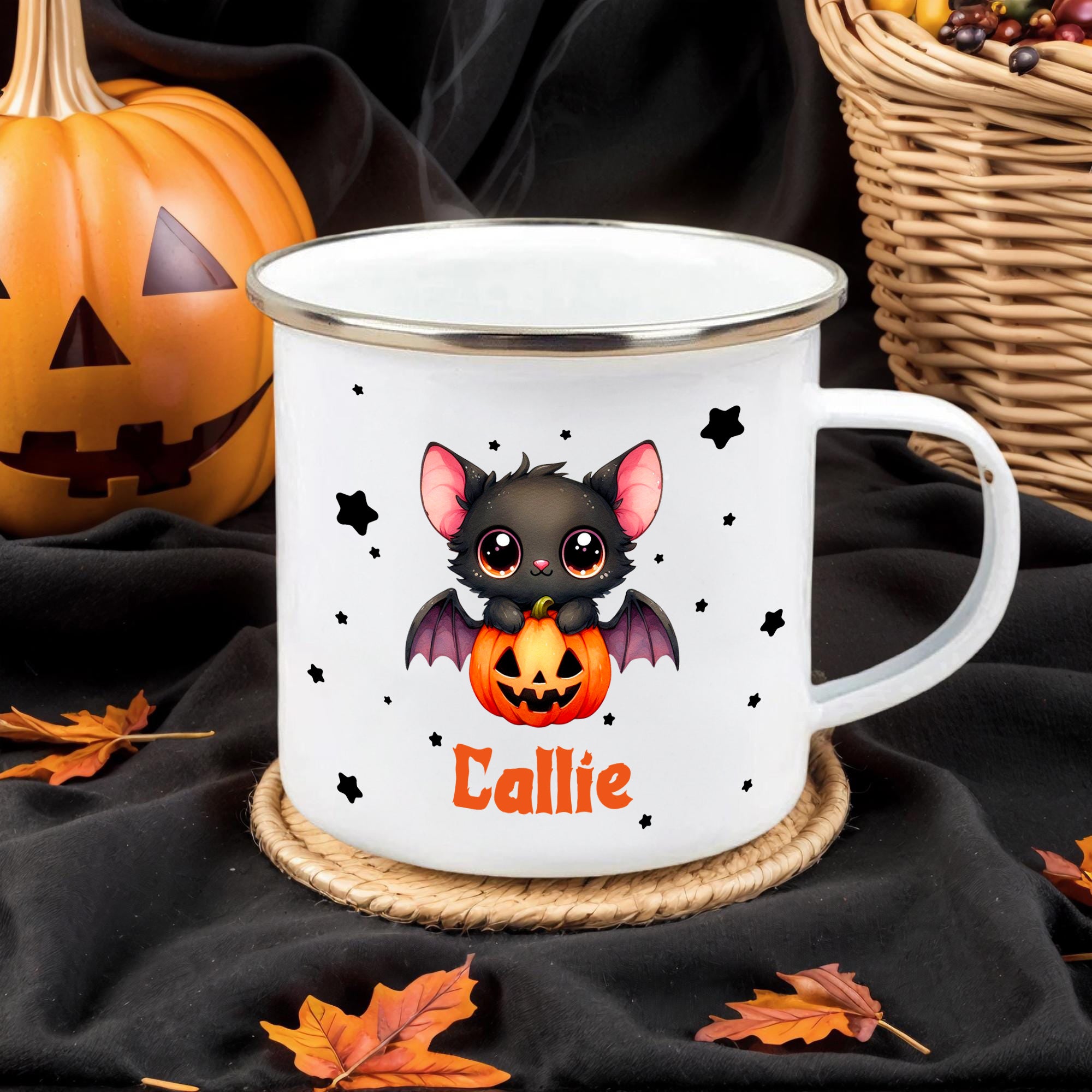 Taza personalizada de esmalte con nombre estrella y murciélago de dibujos animados de 355 ml con borde multicolor regalo de Halloween para niños
