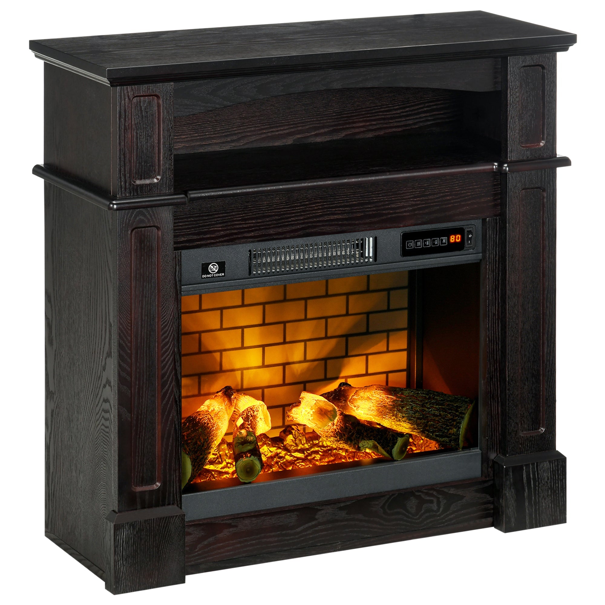 32" Electric Fireplace with LED Log Flame, Shelf and Remote Control, 1400W, Brown