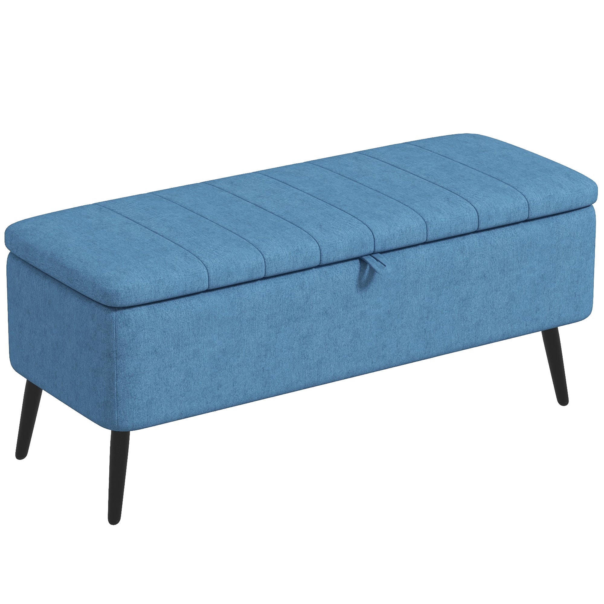Rectangular Storage Ottoman with Flip Top & Steel Legs, Linen Fabric Footstool Bench, Blue