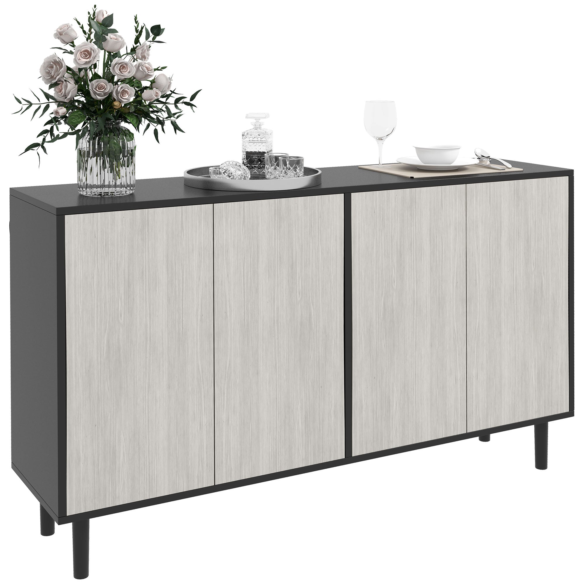 Modern Sideboard w/ Cupboards,  Adjustable Shelves & Solid Wood Legs for Living Room, Black