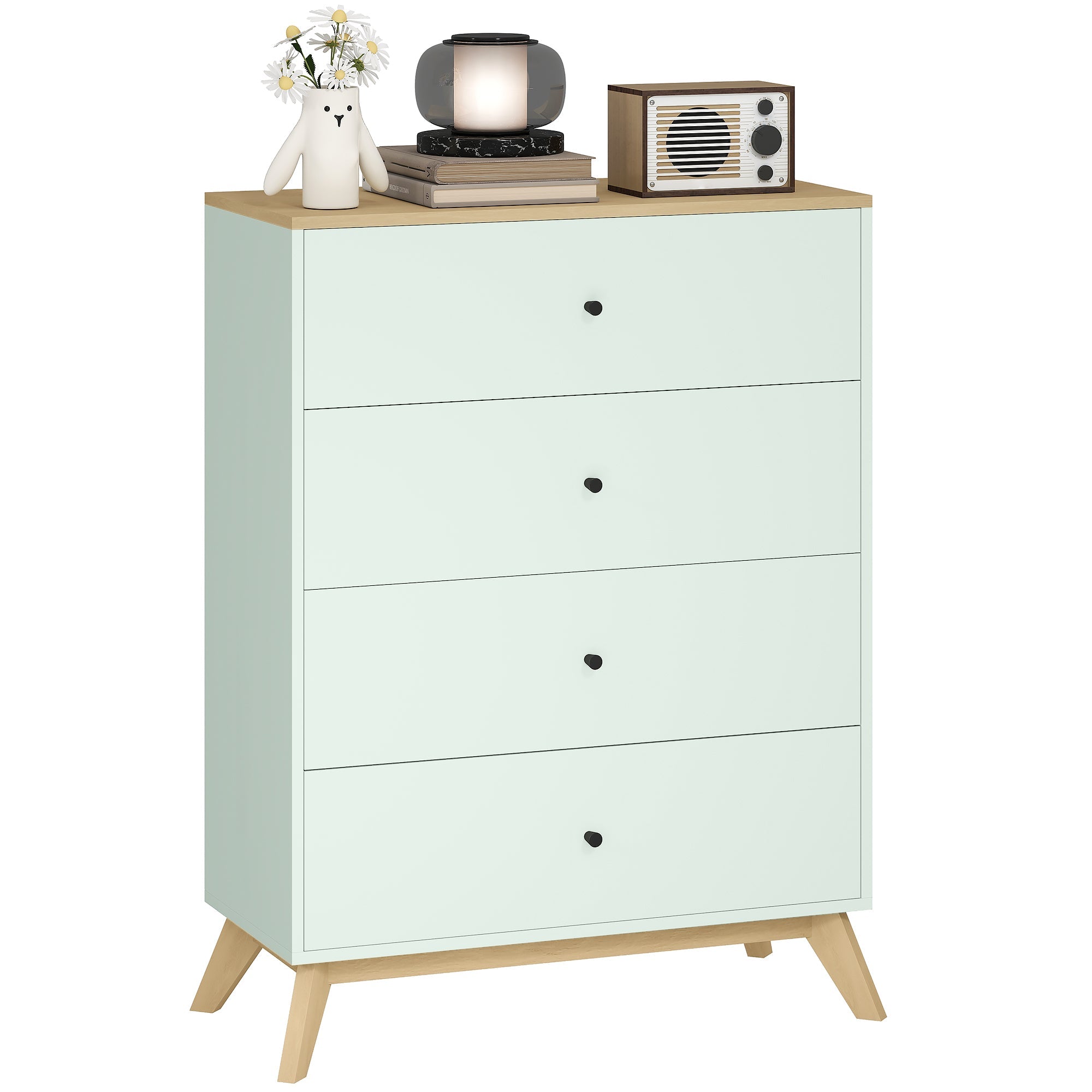 4-Drawer Storage Chest with Oak Top for Bedroom & Living Room, Light Green