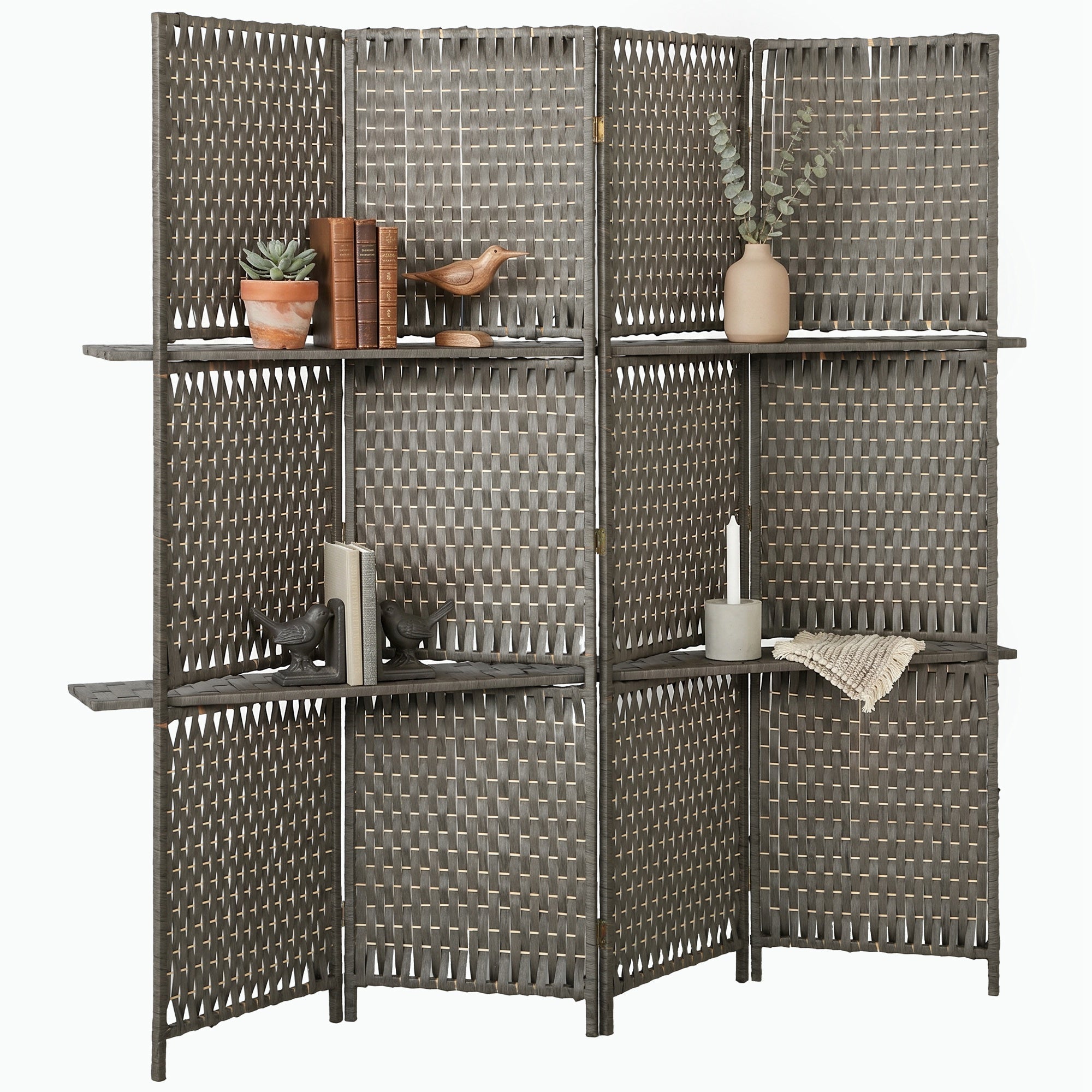 4-Panel Freestanding Room Divider with Shelves, Wave Fibre Folding Privacy Screen for Bedroom or Office, 180 cm - Grey