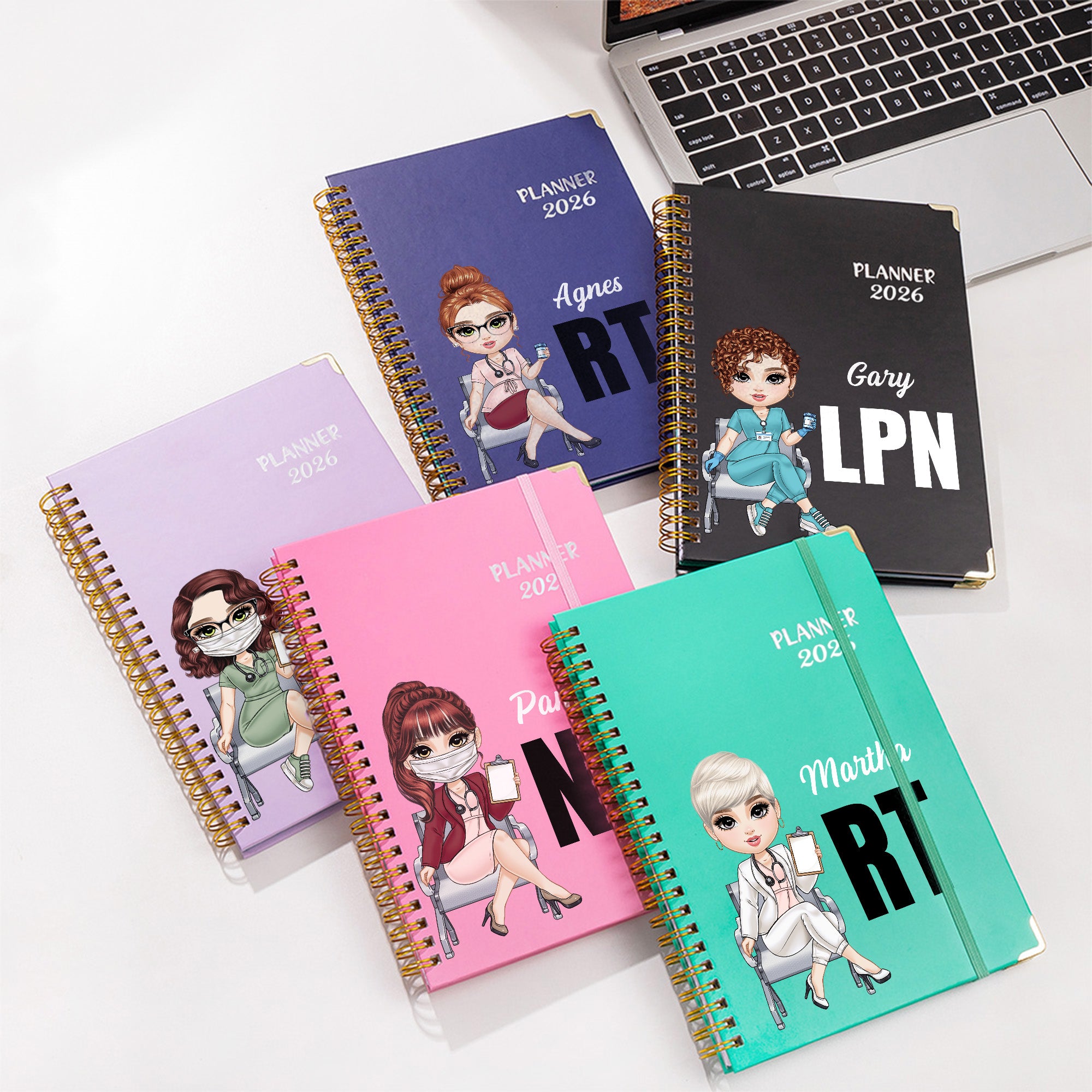 Planificador personalizado de dibujos animados de personajes médicos 2026 Cuaderno de espiral A5 con nombre y páginas semanales y mensuales para planificador Regalo de cumpleaños para enfermera doctor