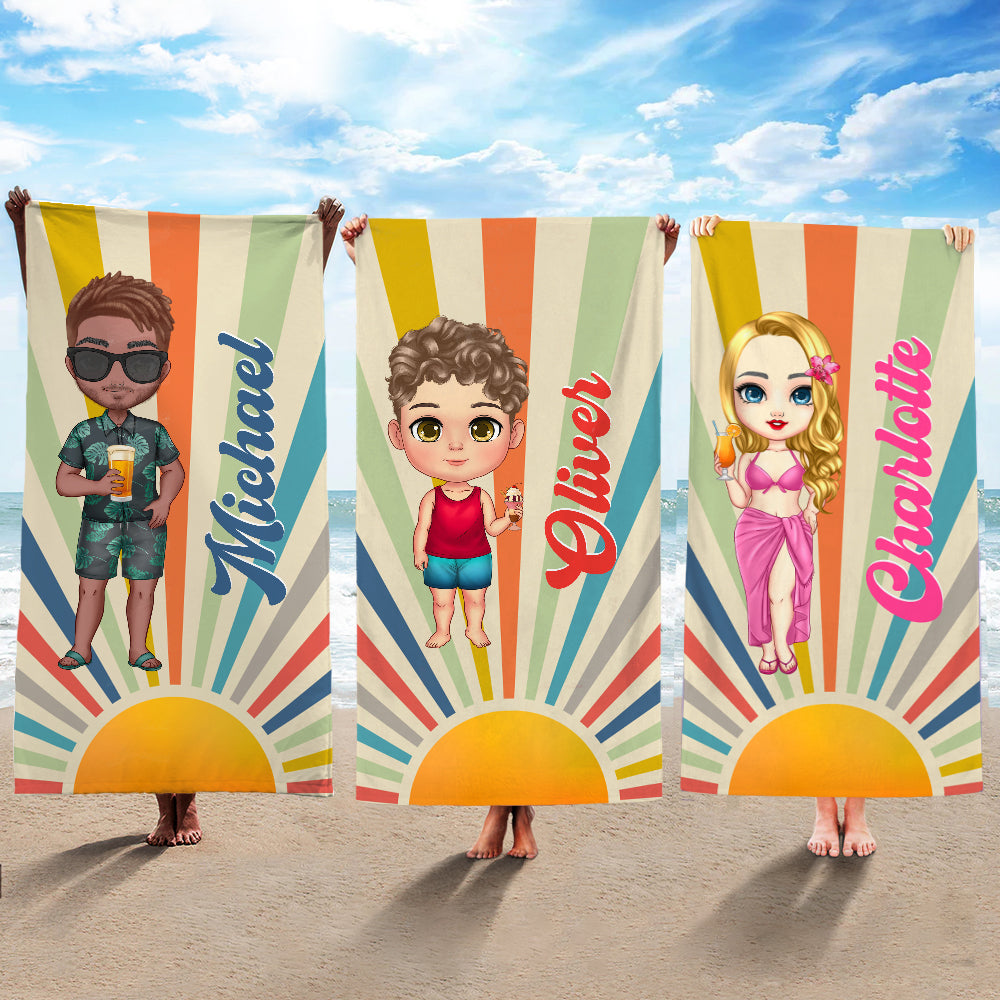 Toalla de playa de secado rápido con nombre Personalizada Retro Rayos de sol Personaje de dibujos animados Suave de secado rápido Toalla de playa con nombre Esenciales de viaje Vacaciones de verano Cu