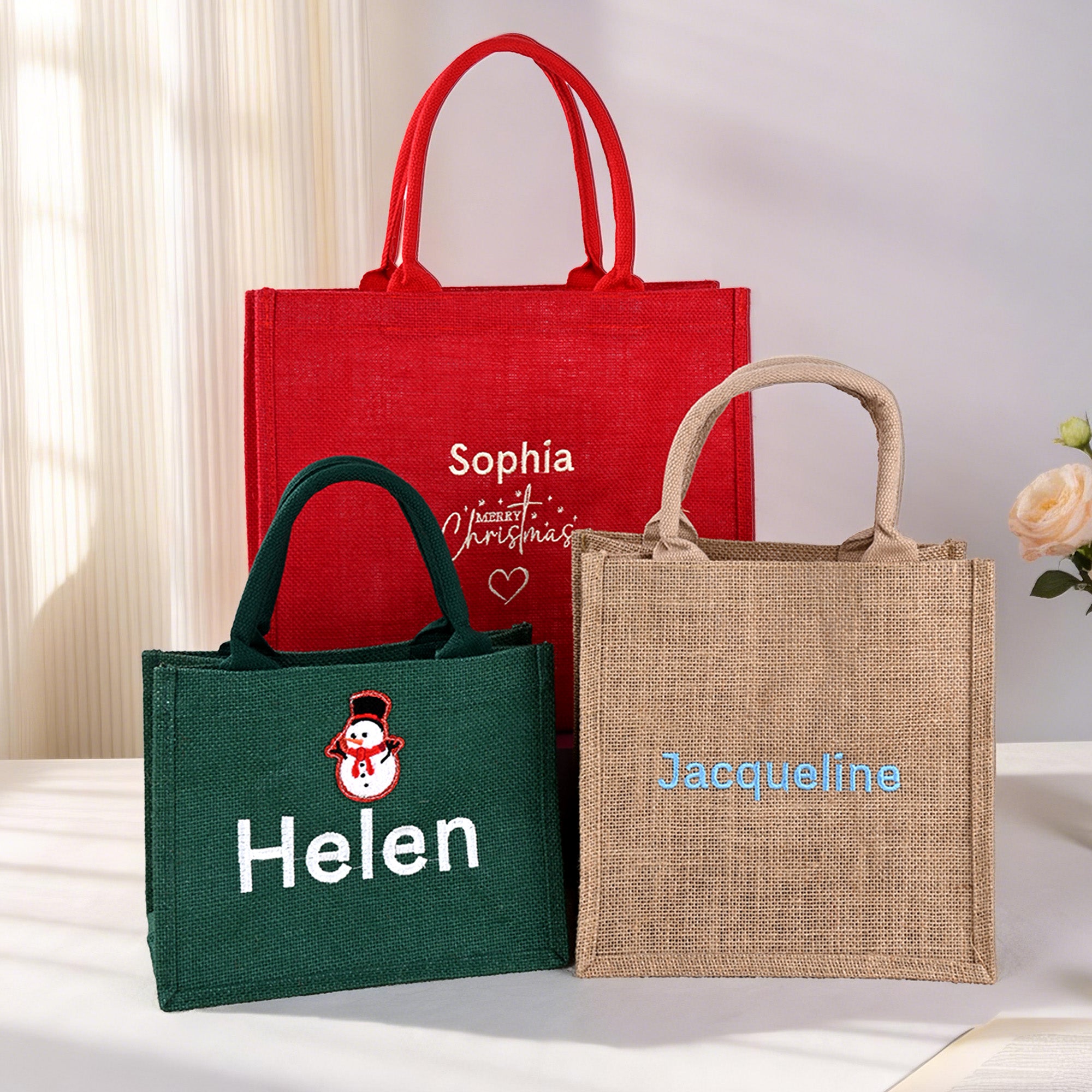 Bolsa de yute grande personalizada de Papá Noel con tema navideño y nombre bordado para uso diario Fiesta de novias Regalo de Navidad para mujer Familia Dama de honor