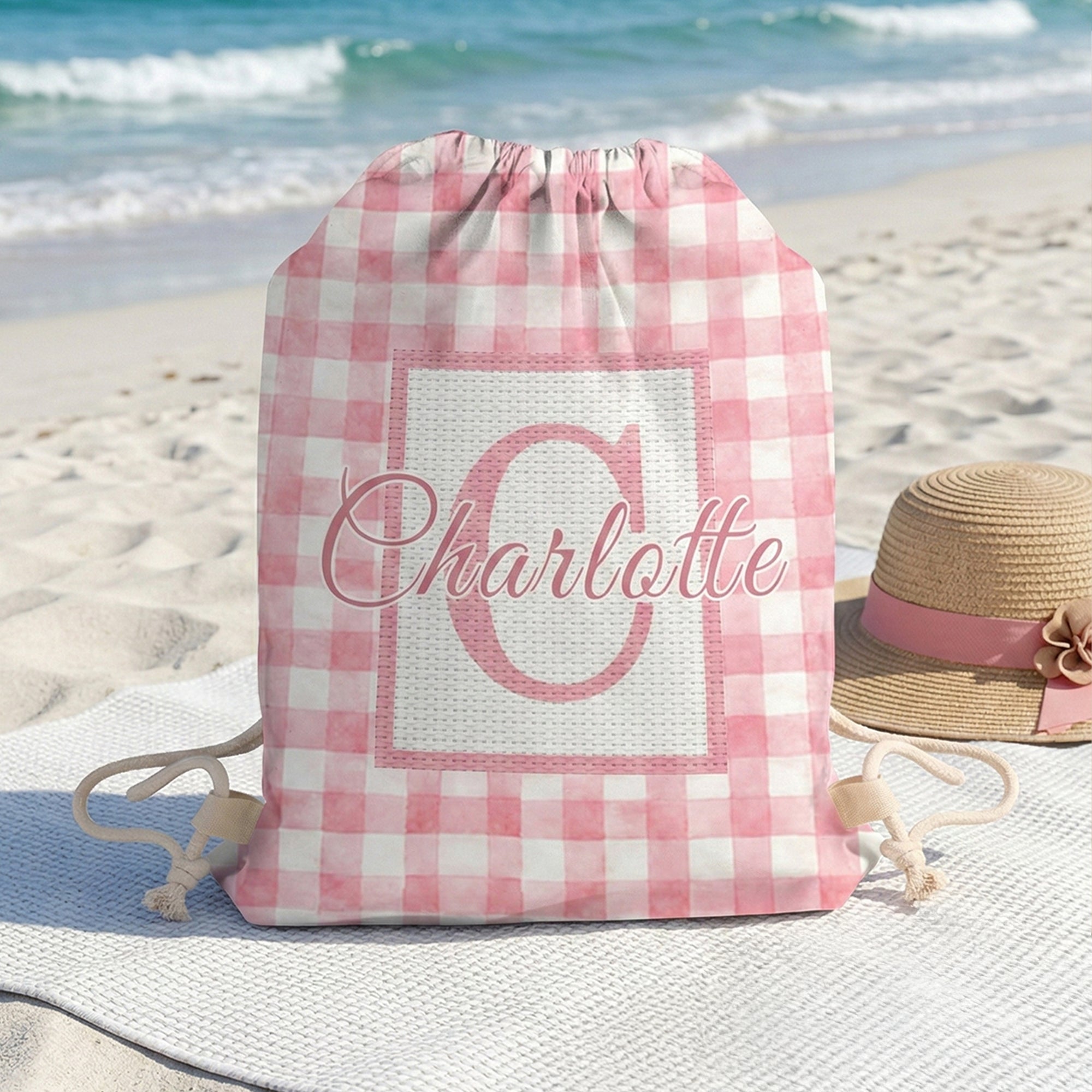 Bolsa de cordón personalizada con nombre en punto de cruz a cuadros de colores Actividades al aire libre Fiesta en la playa Regalo de cumpleaños para la familia Amigos