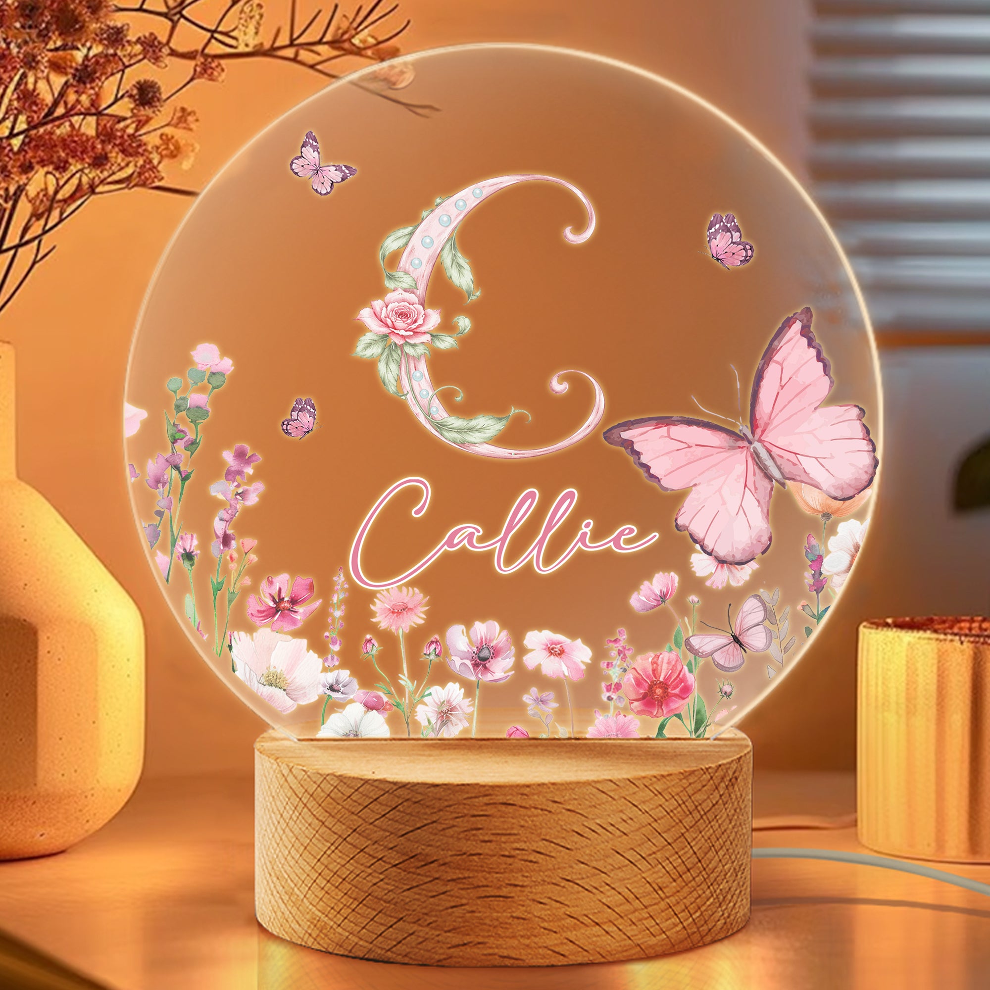 Personalizada Flor Rosa Mariposa Siete Colores Inicial LED Luz de Noche con Nombre y Base de Madera Decoración de Habitación Regalo de Cumpleaños para Mujer Amiga