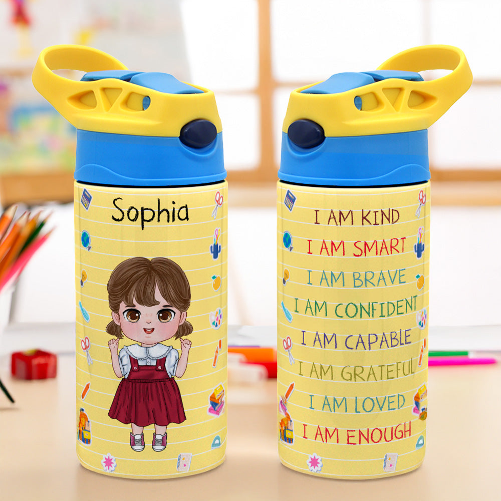 Personalizada I Am Smart Brave Cartoon Character 12 oz Insulated Kid Water Bottle with Handle and Straw Back to School Birthday Gift for Boys Girls