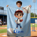 Manta personalizada de béisbol de dibujos animados con nombre Decoración de la sala de estar Regalo de cumpleaños para niño jugador de béisbol