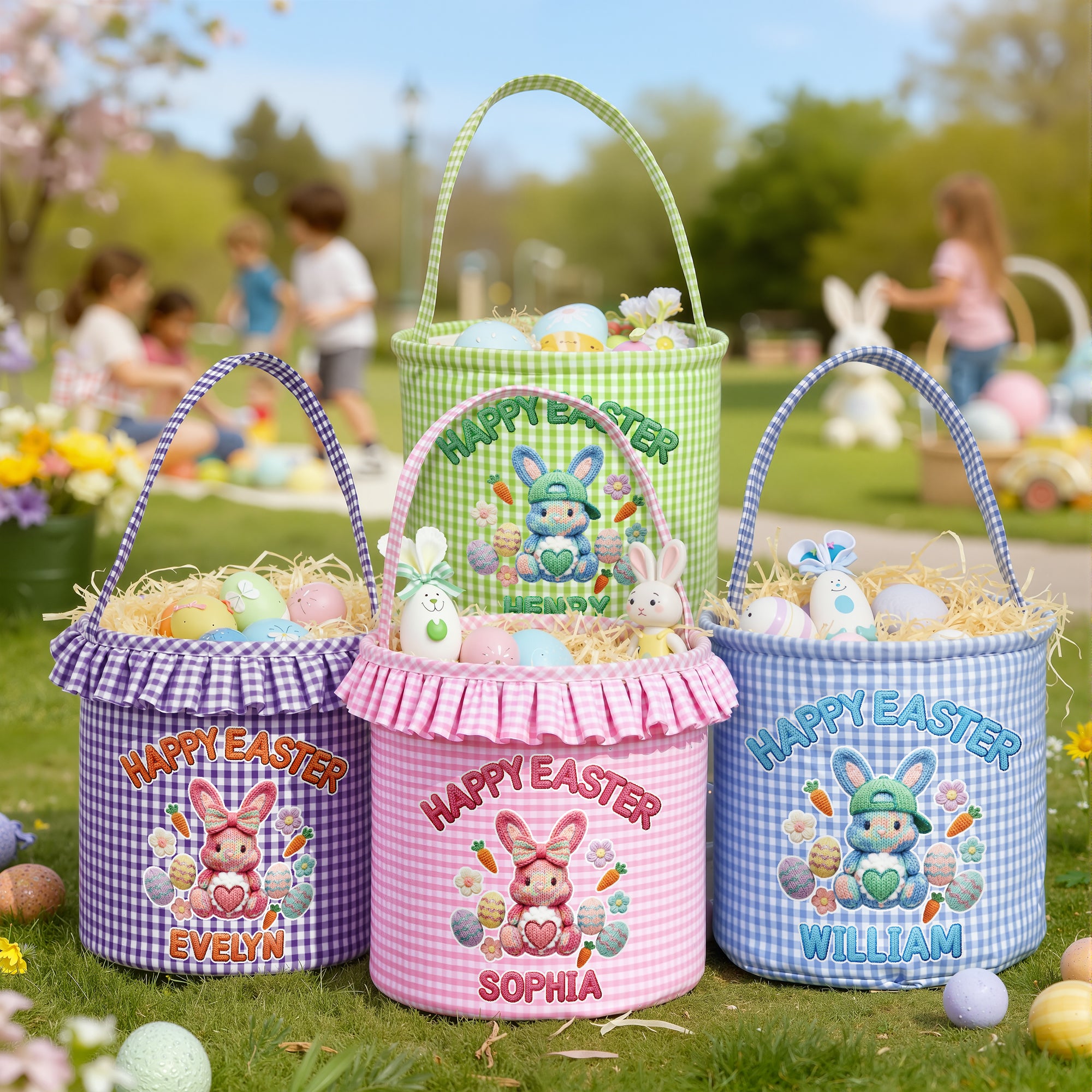 Cesta de Pascua personalizada con conejito, zanahoria, flores y nombre, de uso diario.