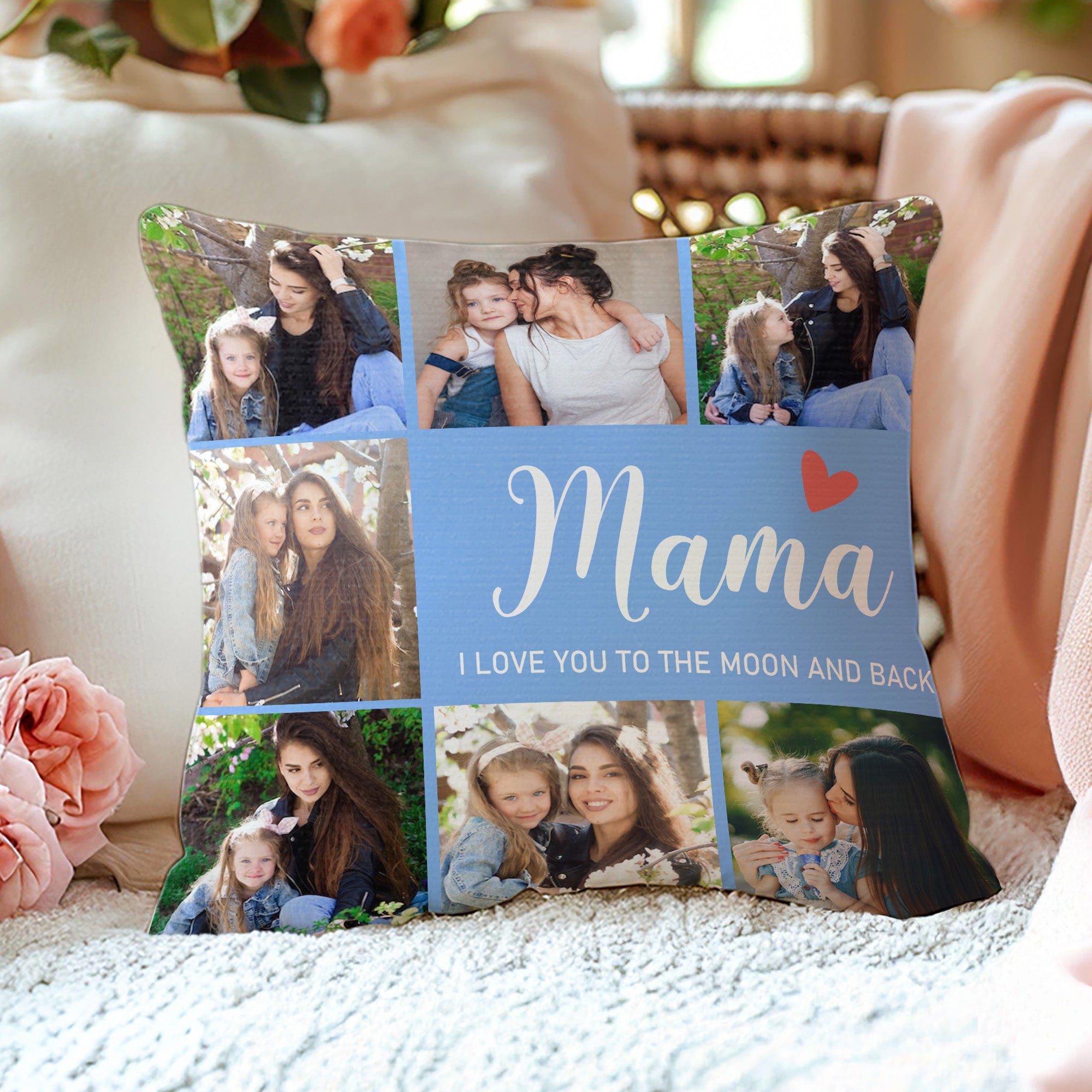 Funda de Almohada Personalizada 7 Fotos Corazón Rojo con Apodo y Texto Decoración del Hogar Regalo del Día de la Madre para Mamá Abuela