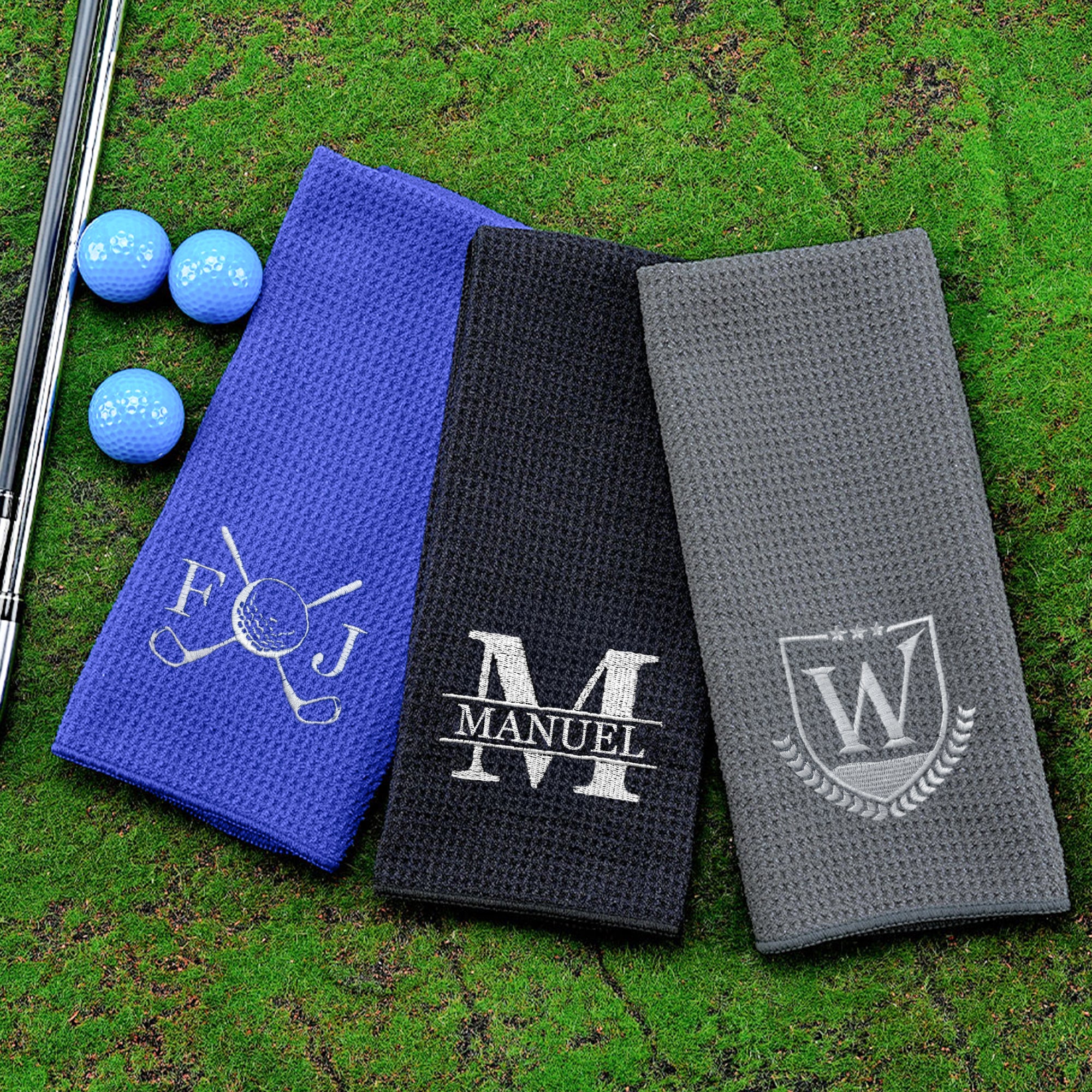 Toalla de golf personalizada tipo gofre con elementos de golf bordados y nombre con clip para colgar regalo de cumpleaños para amantes del golf