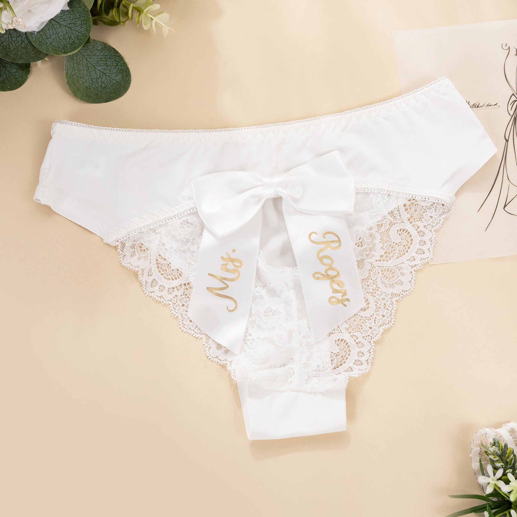 Personalizado Sexy Bow novia ropa interior de encaje tanga con el nombre de luna de miel Día de San Valentín Boda Bridal Shower regalo para ella