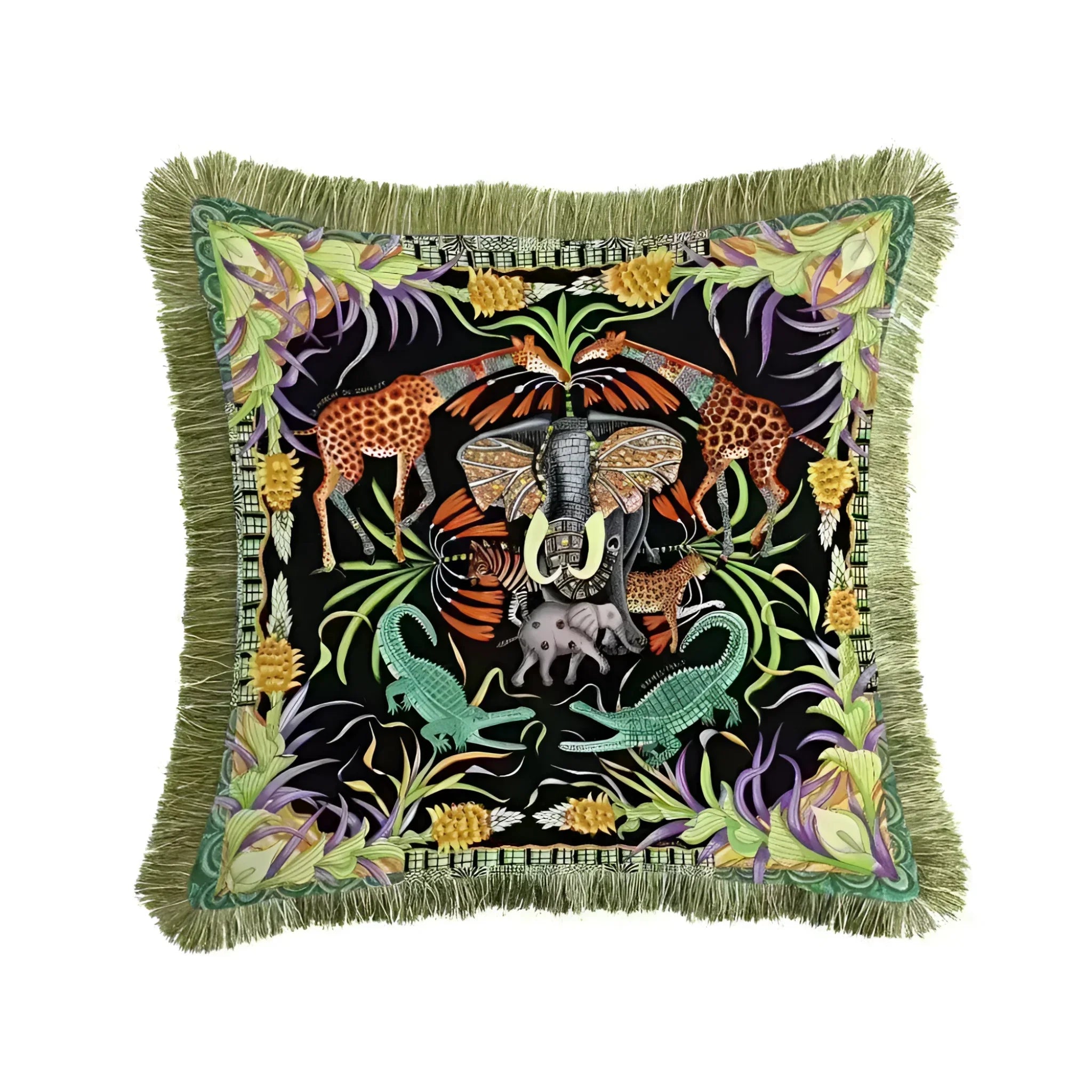 Dark Safari World Fringed Throw Pillow Cover