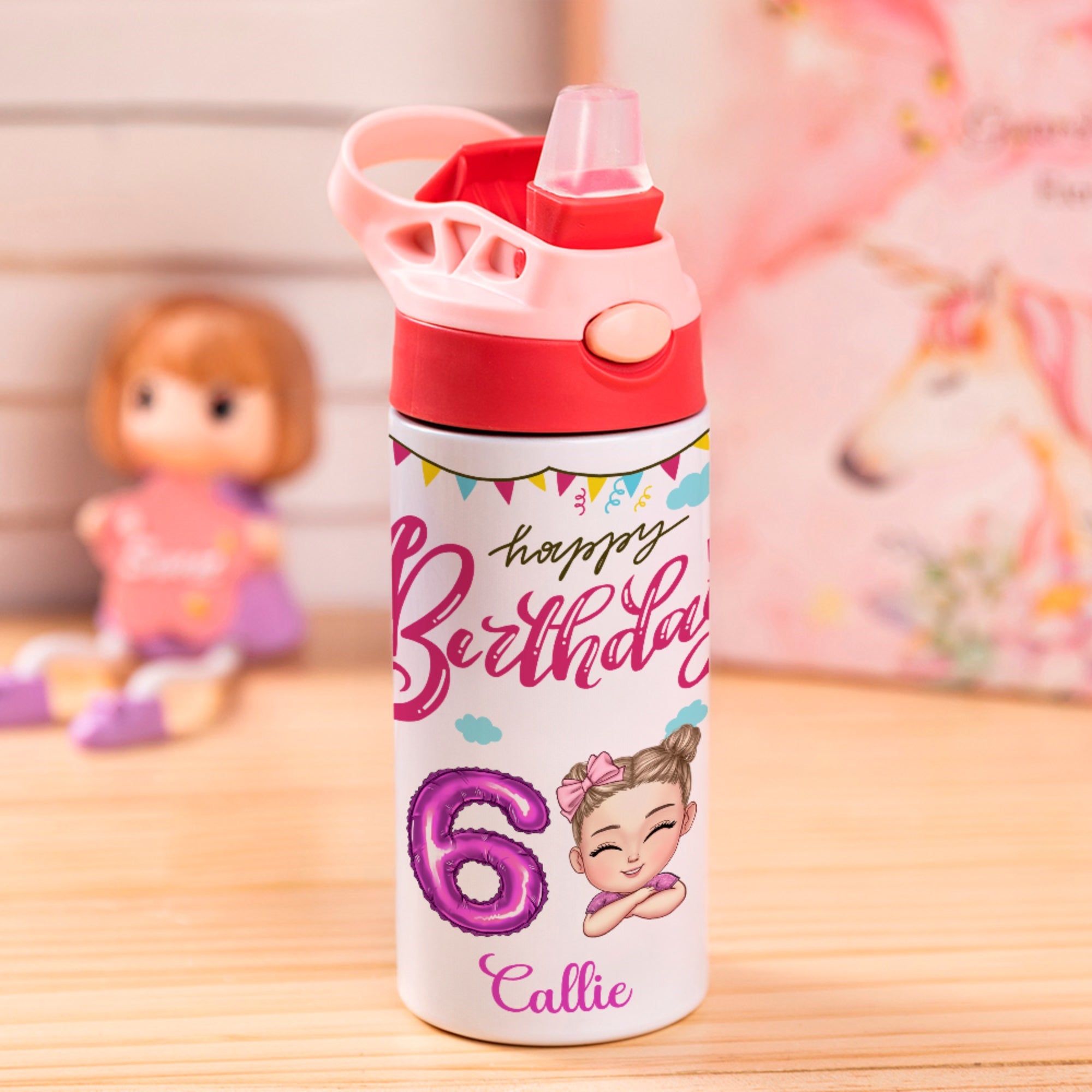 Personaje de dibujos animados personalizado Botella de agua isotérmica para niños de 12 oz con asa y pajita de silicona Regalo de cumpleaños de vuelta al cole para niños y niñas