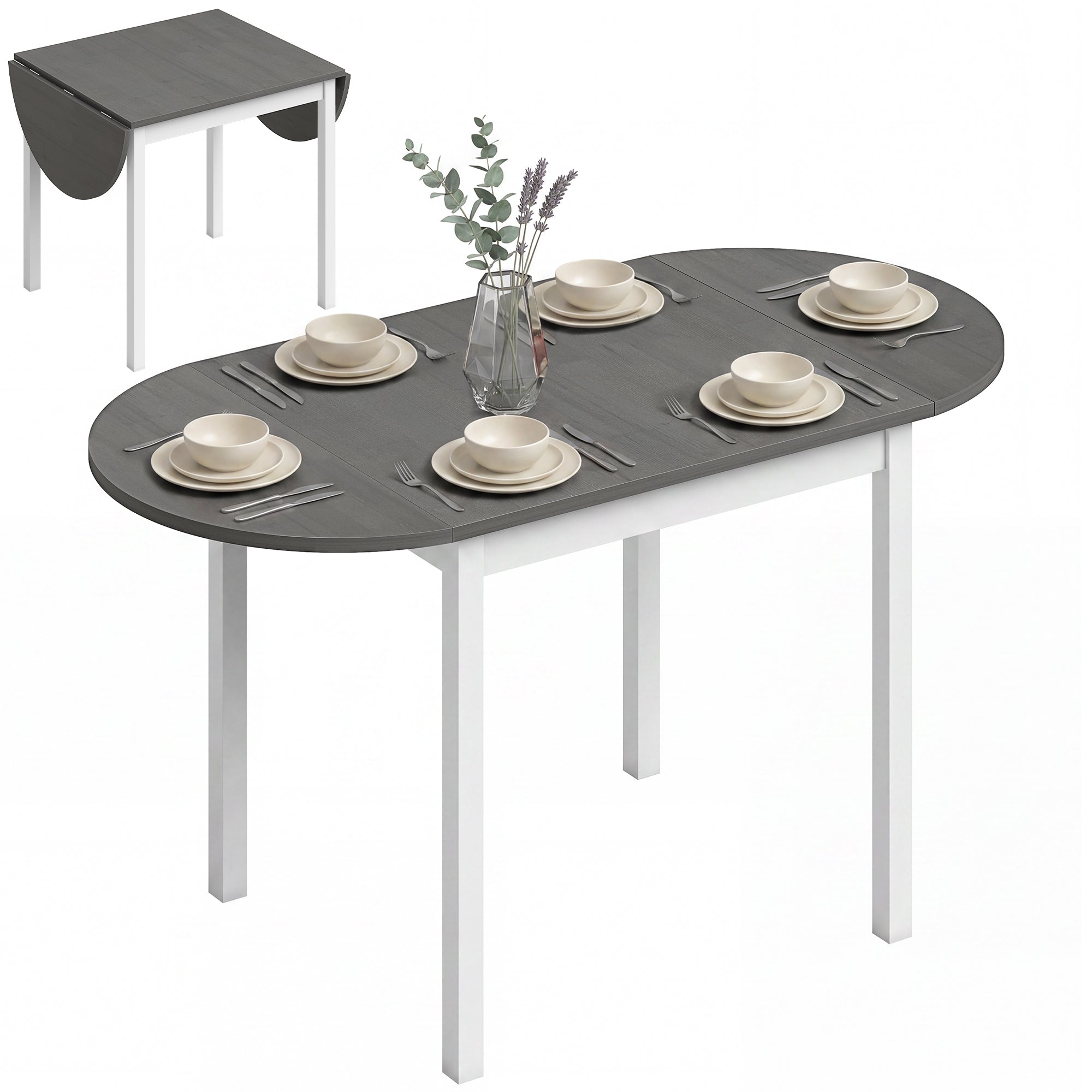 140 cm Oval Drop-Leaf Dining Table for 4-6 People, Solid Wood, Grey