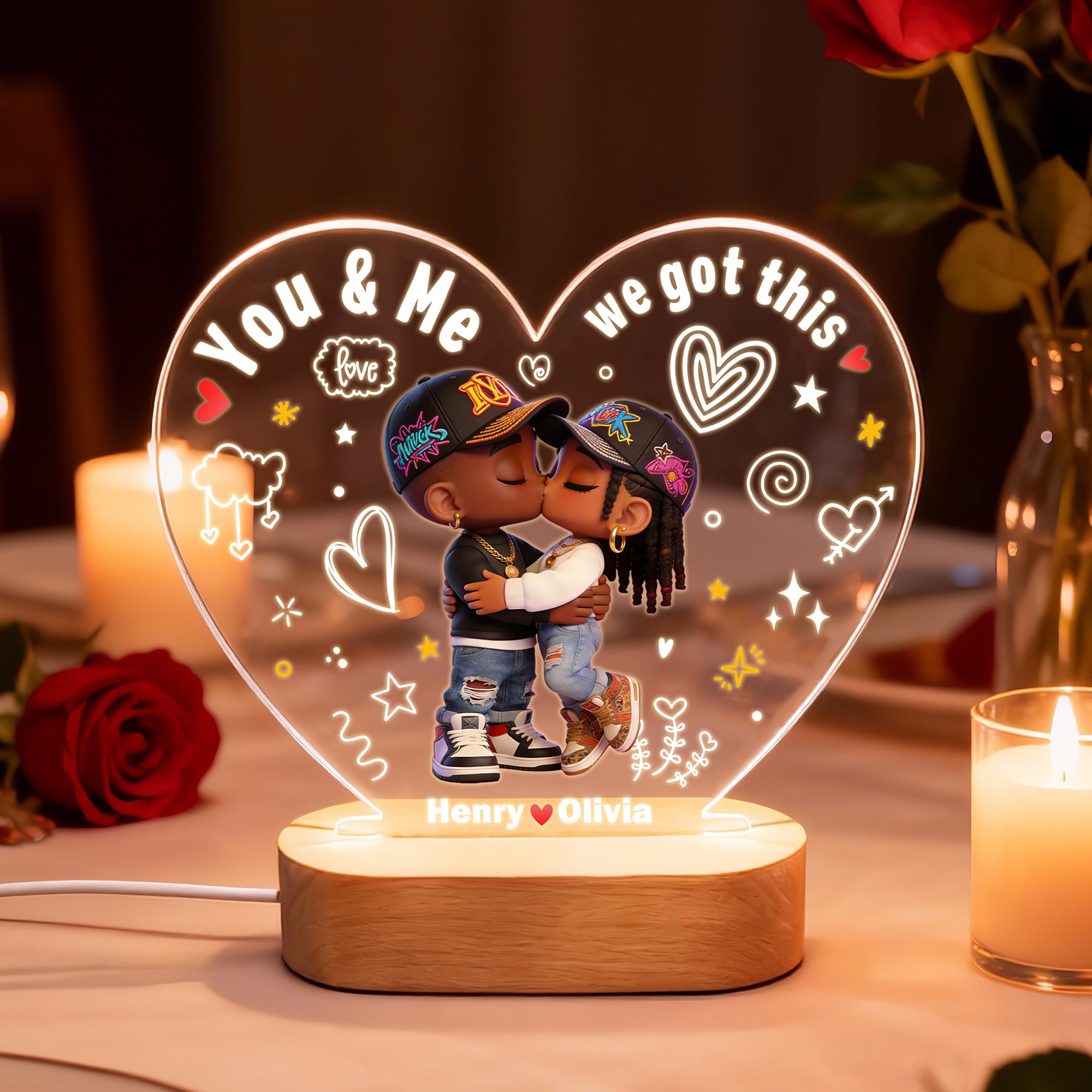 Lámpara de noche LED de acrílico con nombre, título, año y base de madera para decoración del hogar, regalo de San Valentín para parejas.