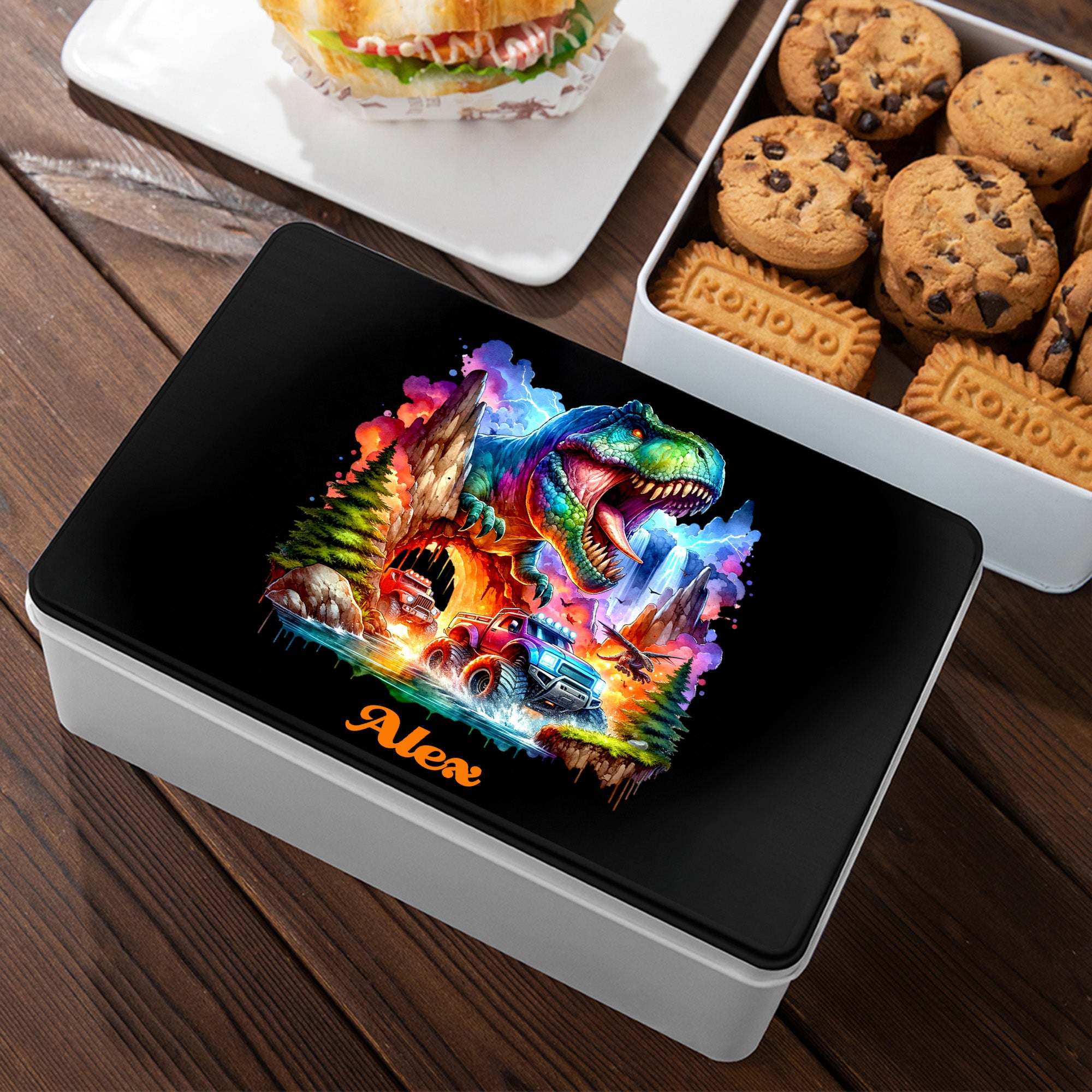 Caja de metal para galletas de dinosaurio personalizada con nombre Regalo de cumpleaños y Navidad para niños