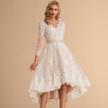 Bridal Wedding Dress Pink Long Sleeve Asymmetrical V-Neck A-line