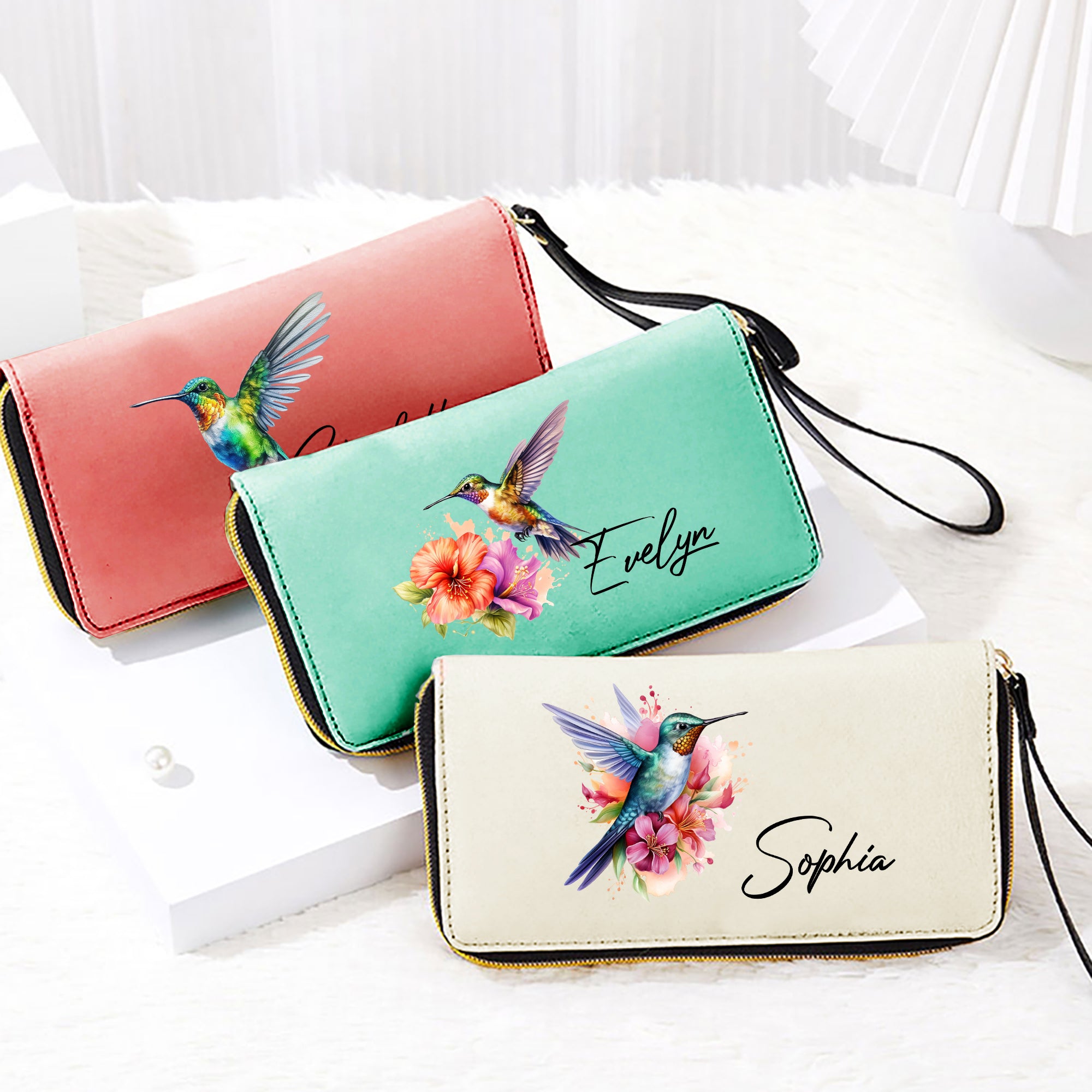 Personalizada Colibrí PU de cuero con cremallera Cartera con nombre y correa de muñeca Cumpleaños Aniversario de regalo para las mujeres