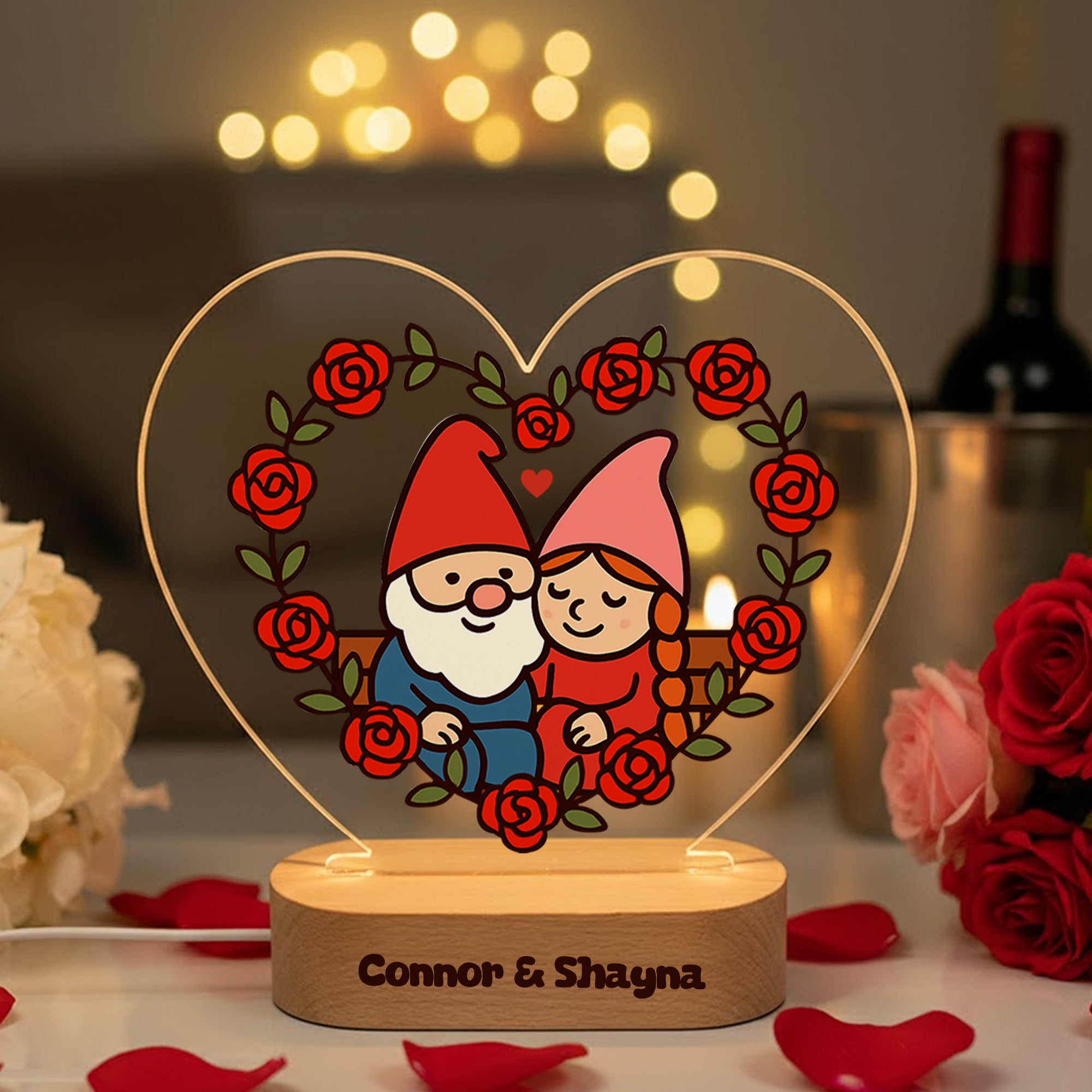 Gnomo Rosa Personalizado Pareja Corazón Acrílico LED Luz de Noche con Nombre y Base de Madera Decoración del Hogar Día de San Valentín Regalo de Aniversario para Pareja