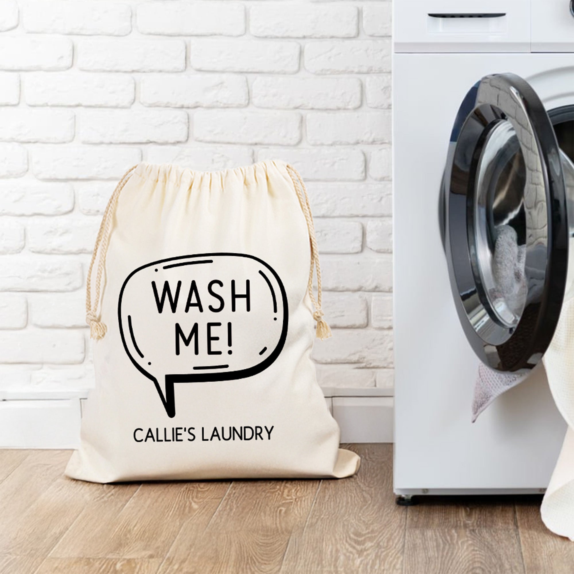 Bolsa de lavandería de lona de gran capacidad personalizada Wash Me con texto Necesidades diarias Vuelta al cole Regalo de cumpleaños para estudiantes Amigos