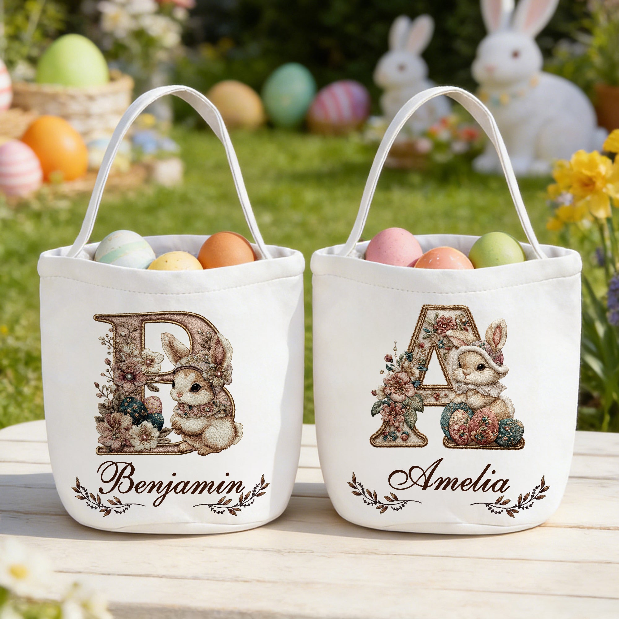 Cesta de Pascua de gran capacidad con conejito vintage personalizado con nombre e inicial Fiesta de búsqueda del huevo de Pascua Regalo para niños
