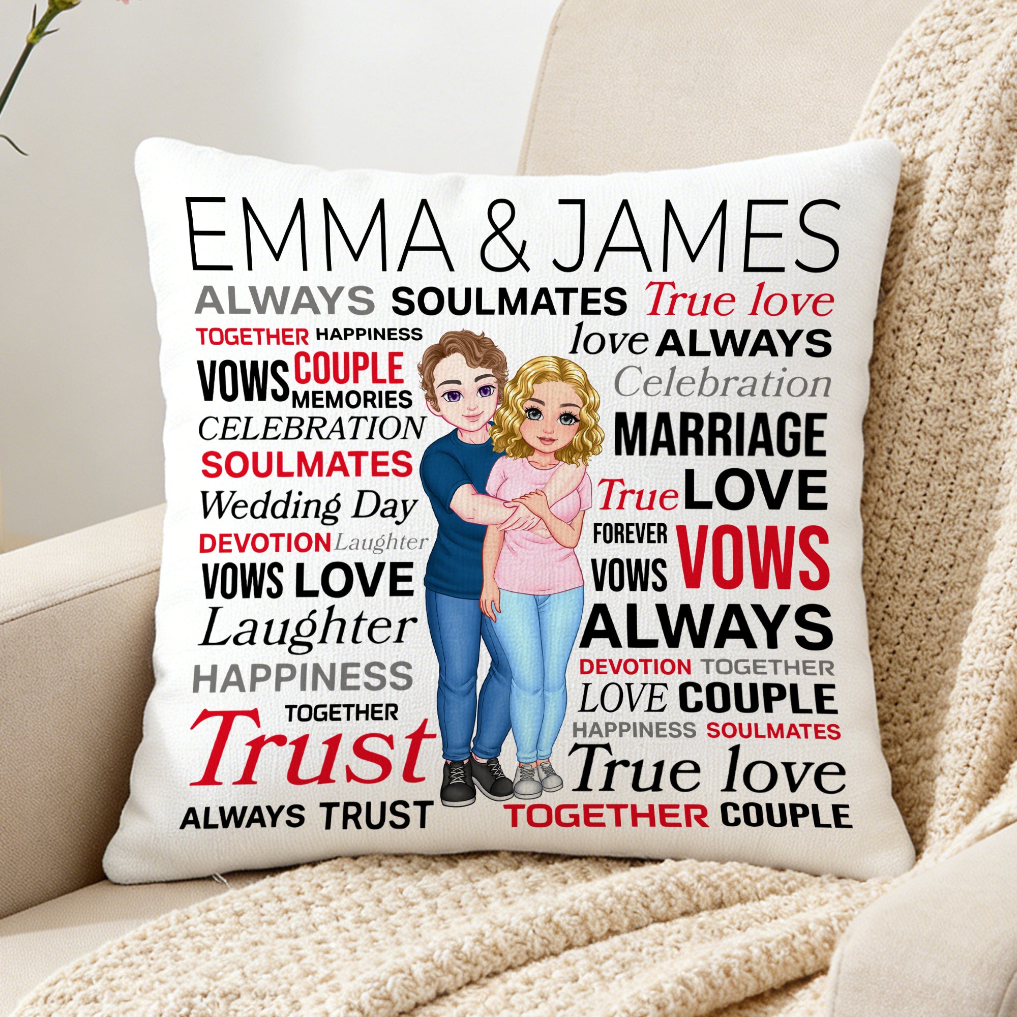 Personalizada Siempre Almas Gemelas Caricatura Pareja Personaje Funda de Almohada con Nombre Decoración del Hogar Cumpleaños Día de San Valentín Boda Fiesta Regalo para Pareja