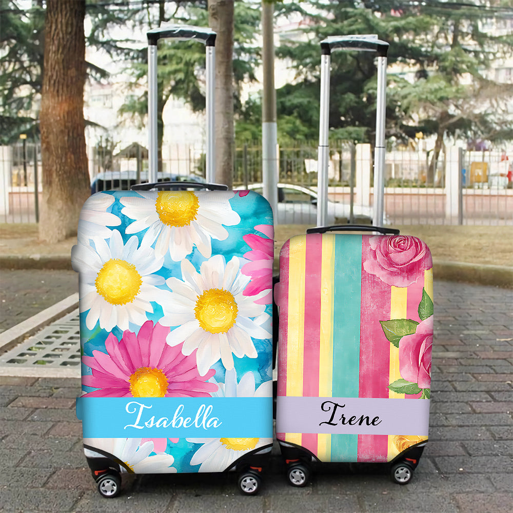 Acuarela artística personalizada con diseño de rayas florales 18-32 pulgadas Funda de equipaje con nombre Accesorios de viaje Regalo de cumpleaños para amigos de la familia