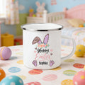Taza esmaltada personalizada con nombre, estampado de leopardo, conejito de flores, 12 oz. Regalo de Pascua para niños y niñas