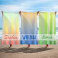 Toalla de playa personalizada de microfibra de secado rápido con rayas degradadas y nombre Vacaciones de verano Viajes Uso Cumpleaños Regalo para la familia Amigos